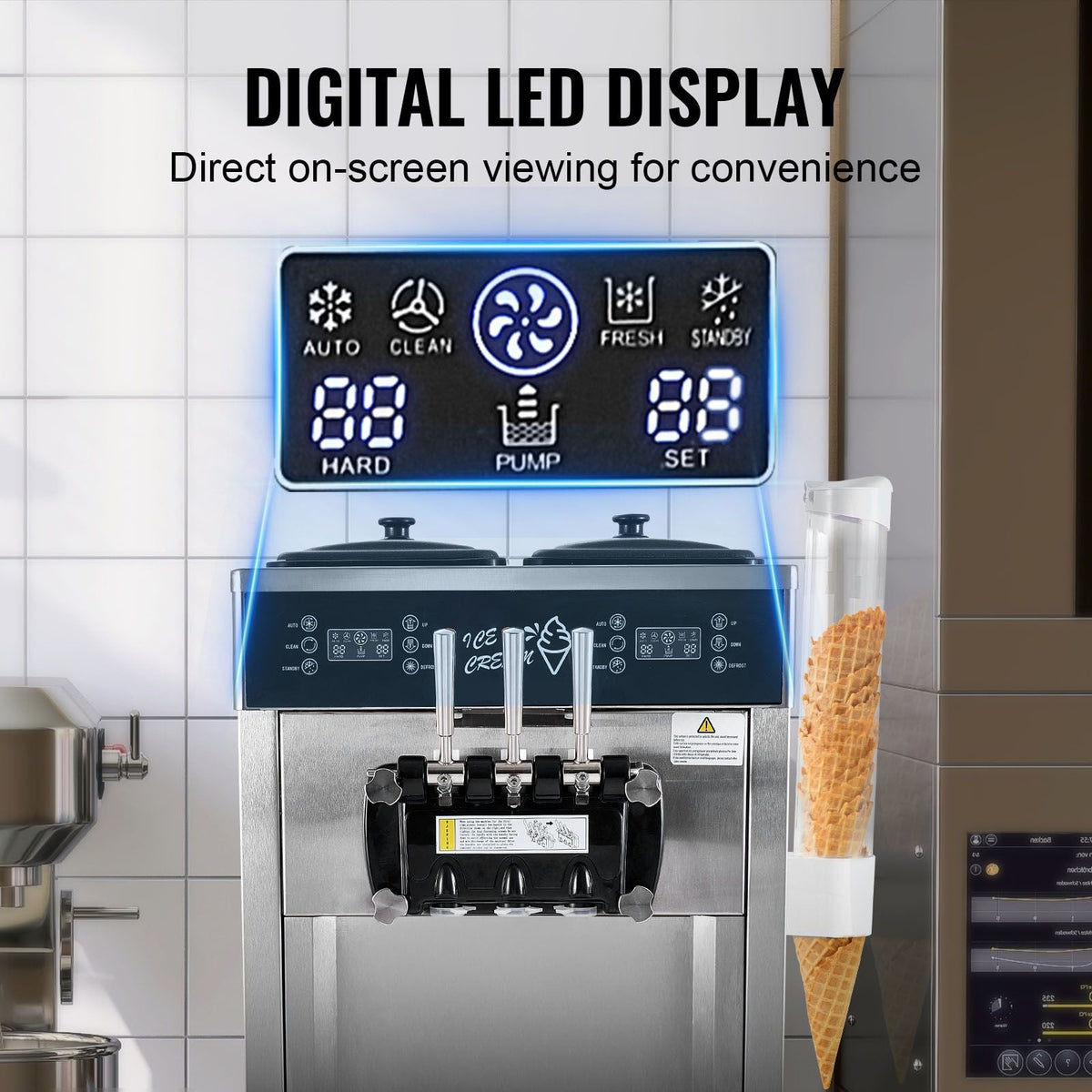 Commercial Ice Cream Machine, 34-44 L/H Yield, 3400W 3-Flavor Freestanding Soft Serve Ice Cream Maker, 2 x 9L Stainless Steel Hopper, LED Panel Allows Single Cylinder Use Overnight Refrigeration