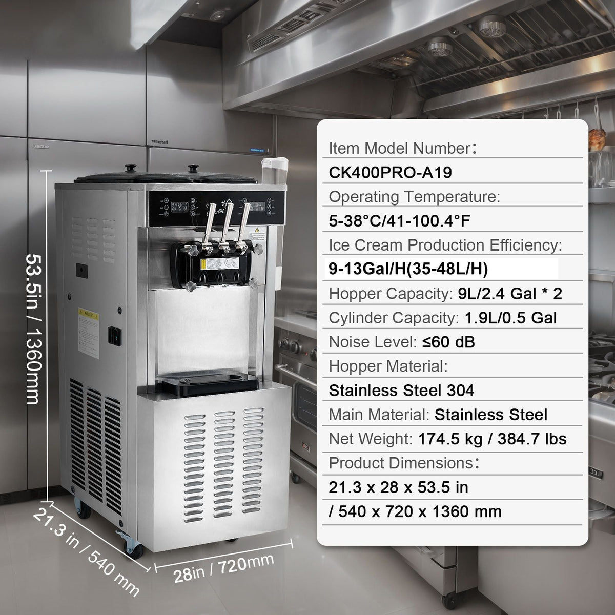Commercial Ice Cream Machine, 34-44 L/H Yield, 3400W 3-Flavor Freestanding Soft Serve Ice Cream Maker, 2 x 9L Stainless Steel Hopper, LED Panel Allows Single Cylinder Use Overnight Refrigeration