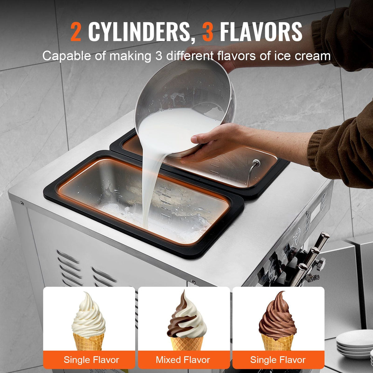 Commercial Ice Cream Machine, 34-44 L/H Yield, 3400W 3-Flavor Freestanding Soft Serve Ice Cream Maker, 2 x 9L Stainless Steel Hopper, LED Panel Allows Single Cylinder Use Overnight Refrigeration