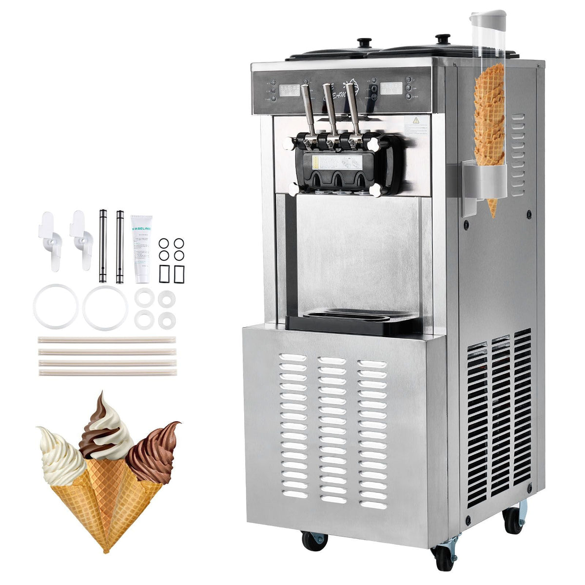 Commercial Ice Cream Machine, 34-44 L/H Yield, 3400W 3-Flavor Freestanding Soft Serve Ice Cream Maker, 2 x 9L Stainless Steel Hopper, LED Panel Allows Single Cylinder Use Overnight Refrigeration