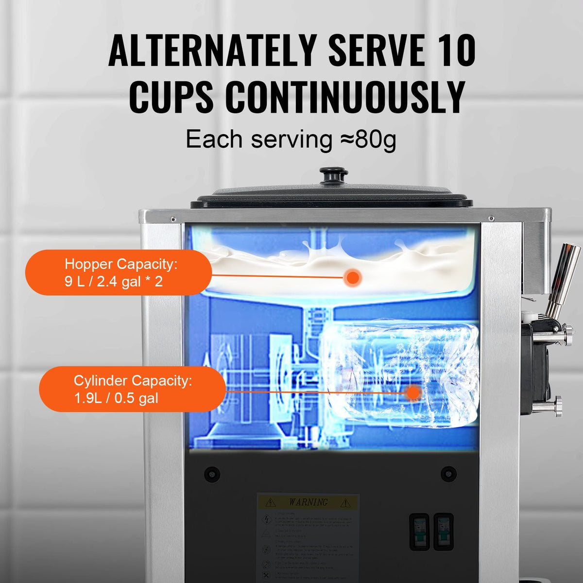 Commercial Ice Cream Machine, 34-44 L/H Yield, 3400W 3-Flavor Freestanding Soft Serve Ice Cream Maker, 2 x 9L Stainless Steel Hopper, LED Panel Allows Single Cylinder Use Overnight Refrigeration