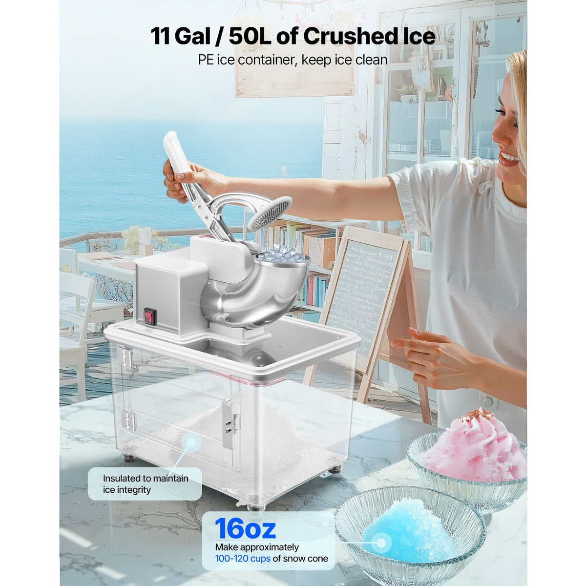 Commercial Ice Crusher 661LBS/H, 350W Electric Snow Cone Machine with 4 Blades, 1400RPM Stainless Steel Shaved Ice Machine with 11 Gal Crushed-Ice Box, for Family Restaurants Bars, White
