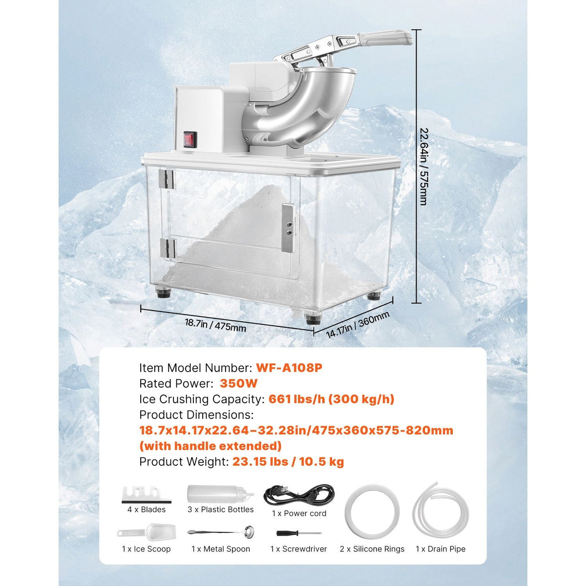 Commercial Ice Crusher 661LBS/H, 350W Electric Snow Cone Machine with 4 Blades, 1400RPM Stainless Steel Shaved Ice Machine with 11 Gal Crushed-Ice Box, for Family Restaurants Bars, White