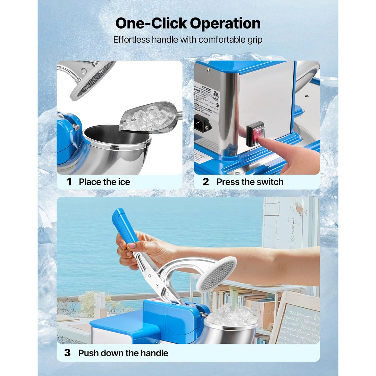 Commercial Ice Crusher 661LBS/H, 350W Electric Snow Cone Machine with 4 Blades, 2000RPM Stainless Steel Shaved Ice Machine with 11 Gal Crushed-Ice Box, for Family Restaurants Bars, Blue