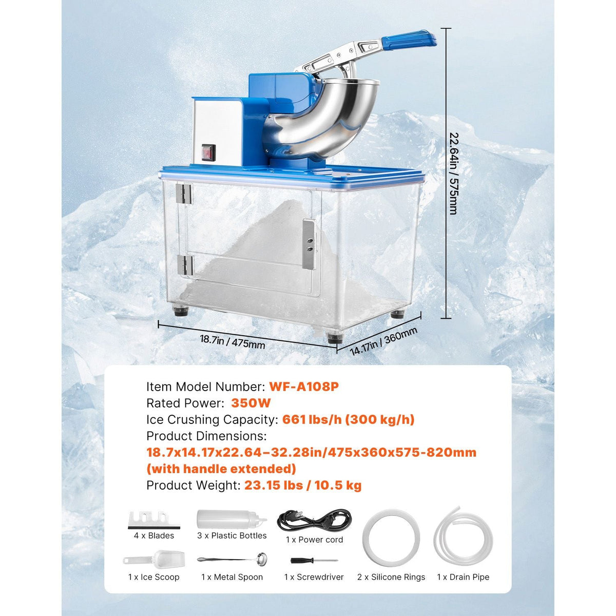 Commercial Ice Crusher 661LBS/H, 350W Electric Snow Cone Machine with 4 Blades, 2000RPM Stainless Steel Shaved Ice Machine with 11 Gal Crushed-Ice Box, for Family Restaurants Bars, Blue