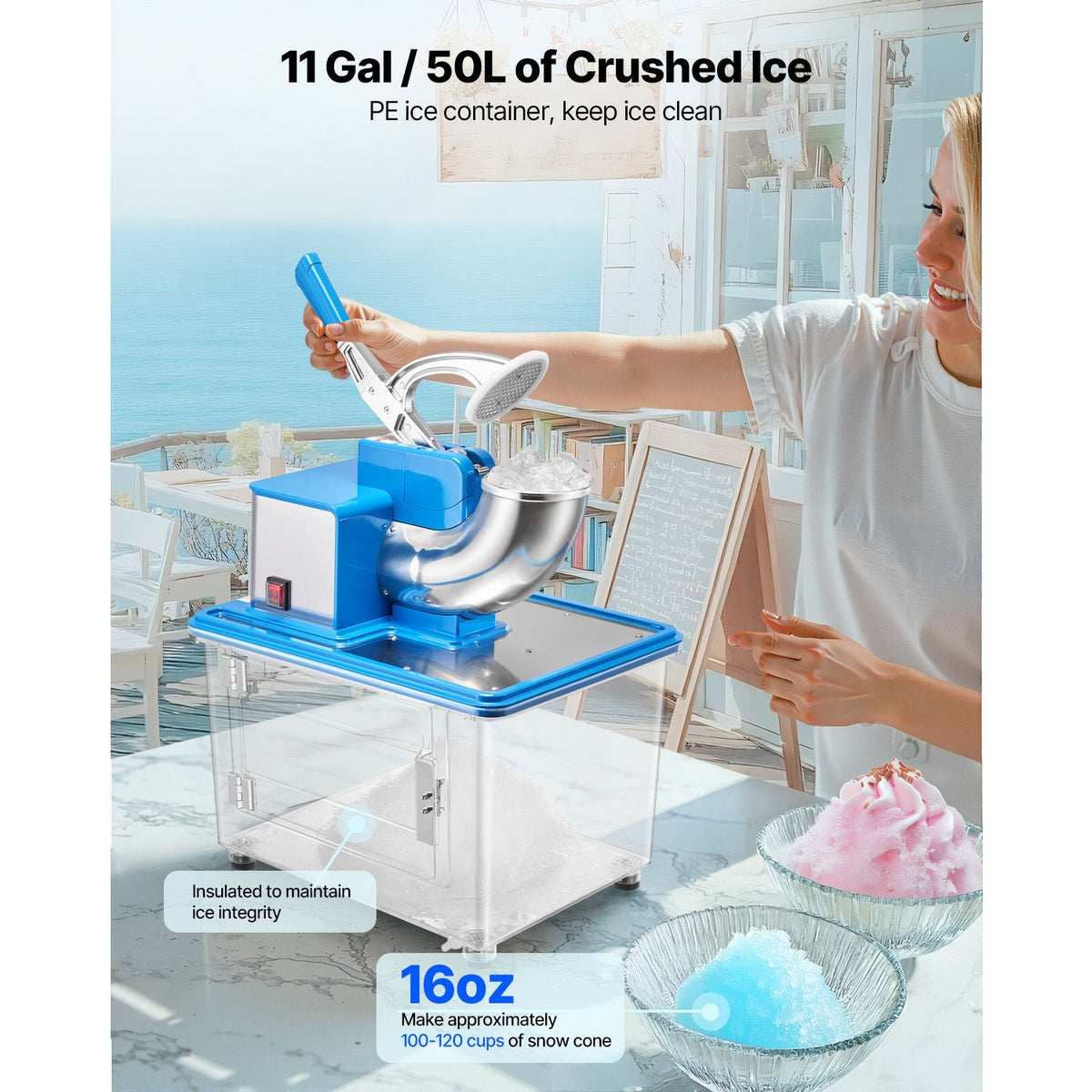 Commercial Ice Crusher 661LBS/H, 350W Electric Snow Cone Machine with 4 Blades, 2000RPM Stainless Steel Shaved Ice Machine with 11 Gal Crushed-Ice Box, for Family Restaurants Bars, Blue