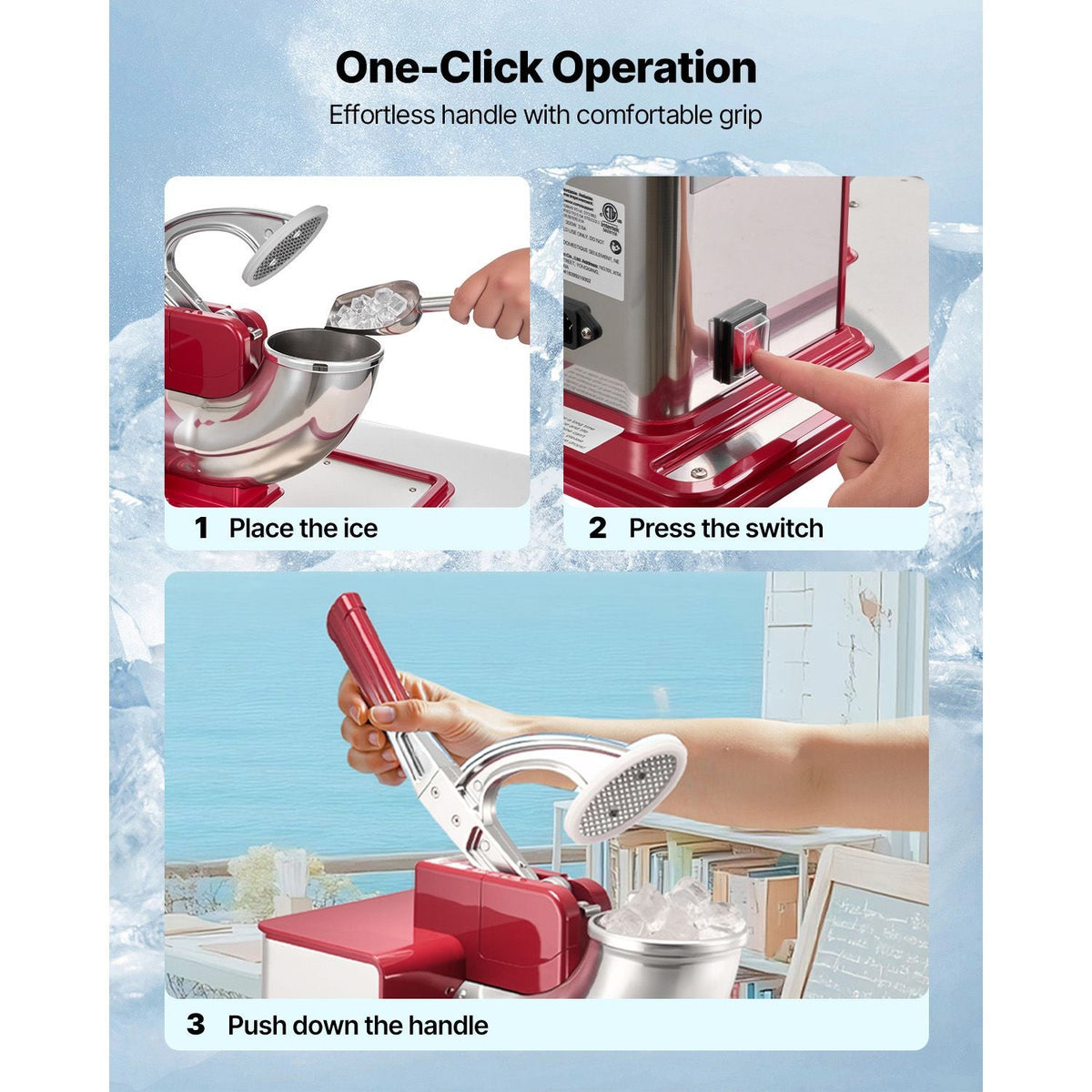 Commercial Ice Crusher 661LBS/H, 350W Electric Snow Cone Machine with 4 Blades, 2000RPM Stainless Steel Shaved Ice Machine with 11 Gal Crushed-Ice Box, for Family Restaurants Bars, Red