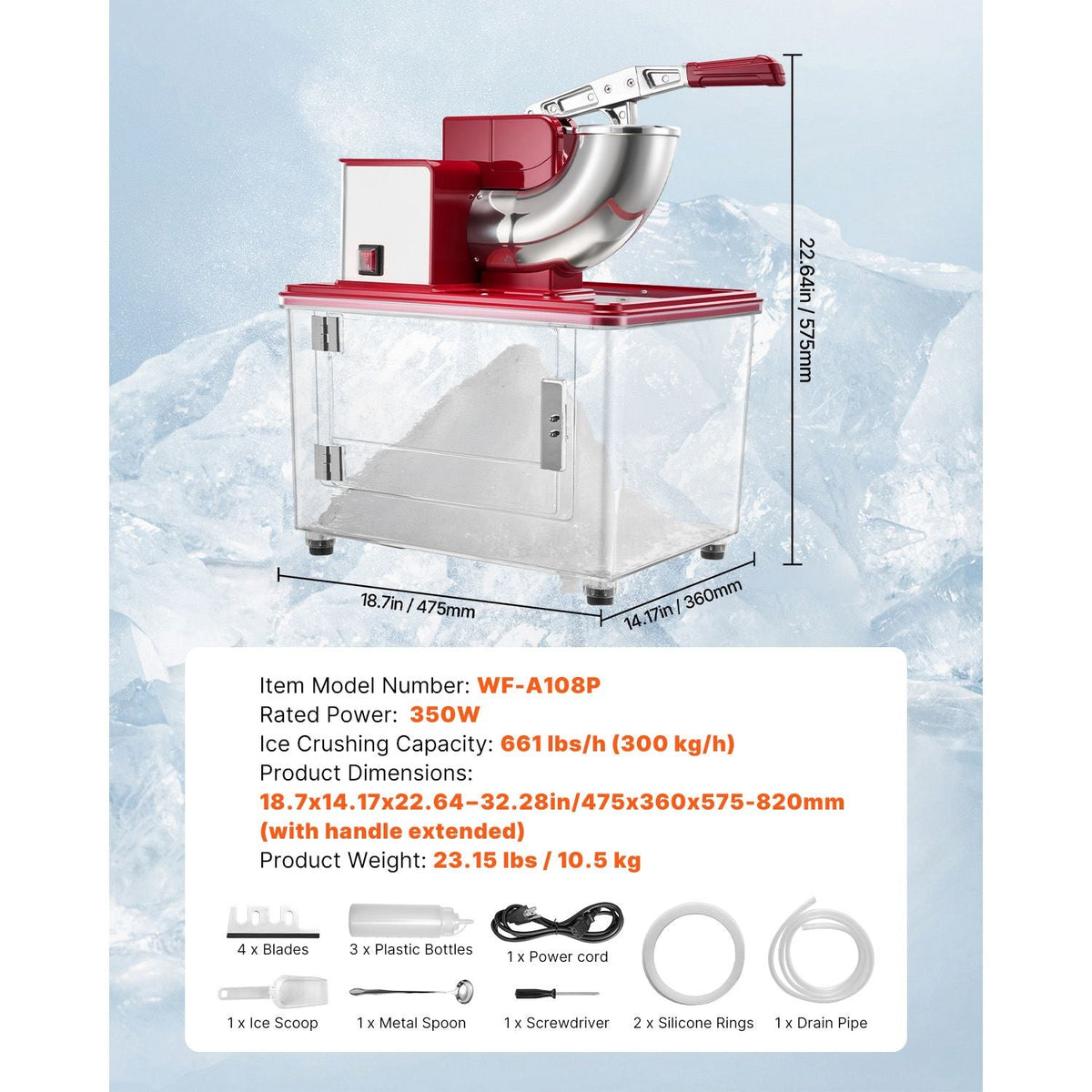 Commercial Ice Crusher 661LBS/H, 350W Electric Snow Cone Machine with 4 Blades, 2000RPM Stainless Steel Shaved Ice Machine with 11 Gal Crushed-Ice Box, for Family Restaurants Bars, Red