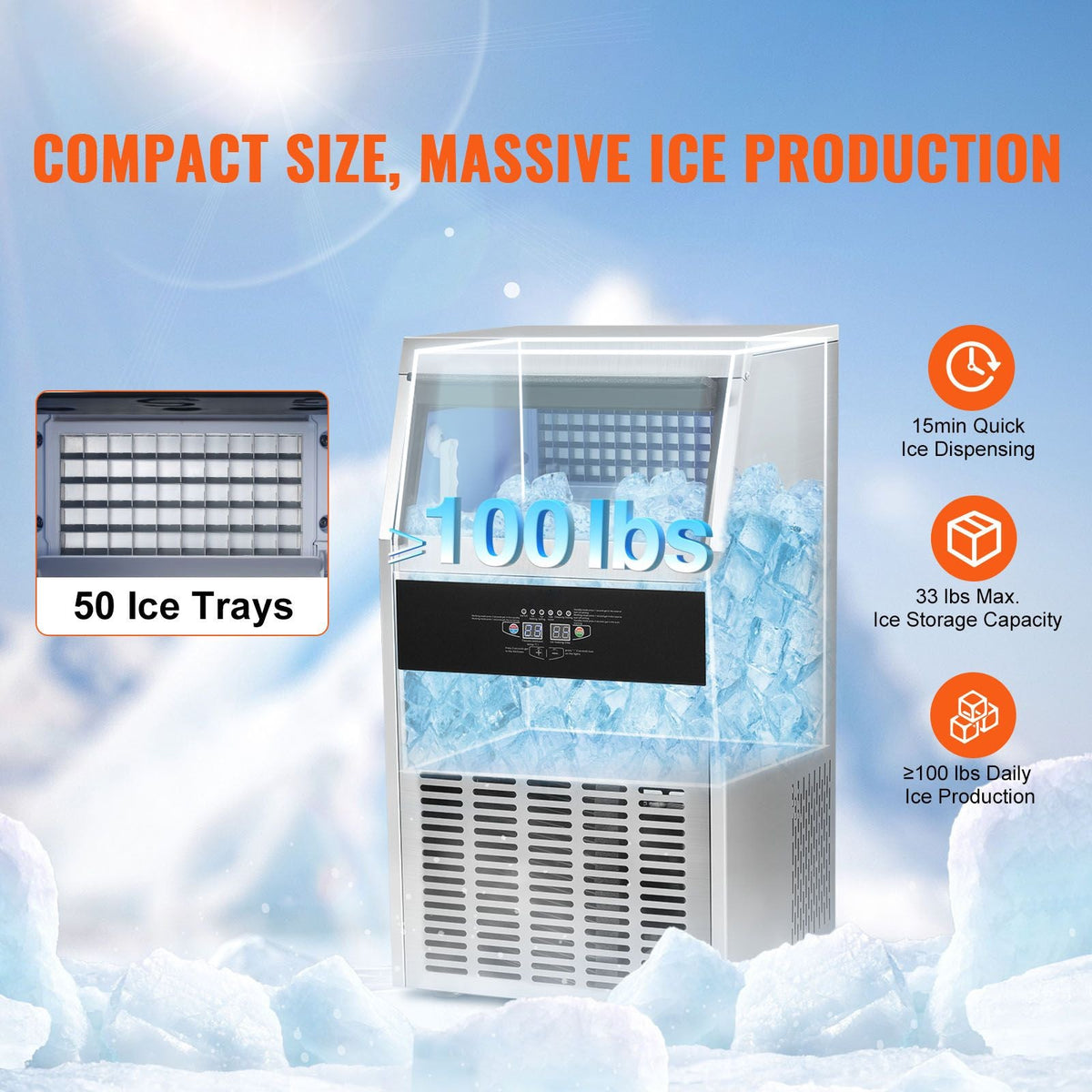 Commercial Ice Maker, 100lbs/24H, Ice Maker Machine, 50 Ice Cubes in 12-15 Minutes, Freestanding Cabinet Ice Maker with 33lbs Storage Capacity LED Digital Display, for Bar Home Office Restaurant