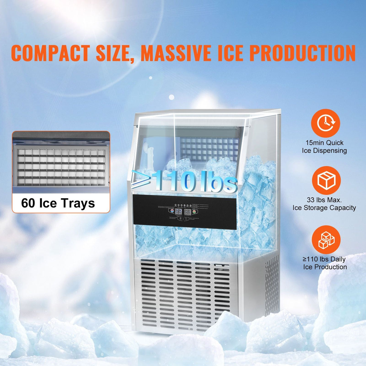 Commercial Ice Maker, 110lbs/24H, Ice Maker Machine, 60 Ice Cubes in 12-15 Minutes, Freestanding Cabinet Ice Maker with 33lbs Storage Capacity LED Digital Display, for Bar Home Office Restaurant