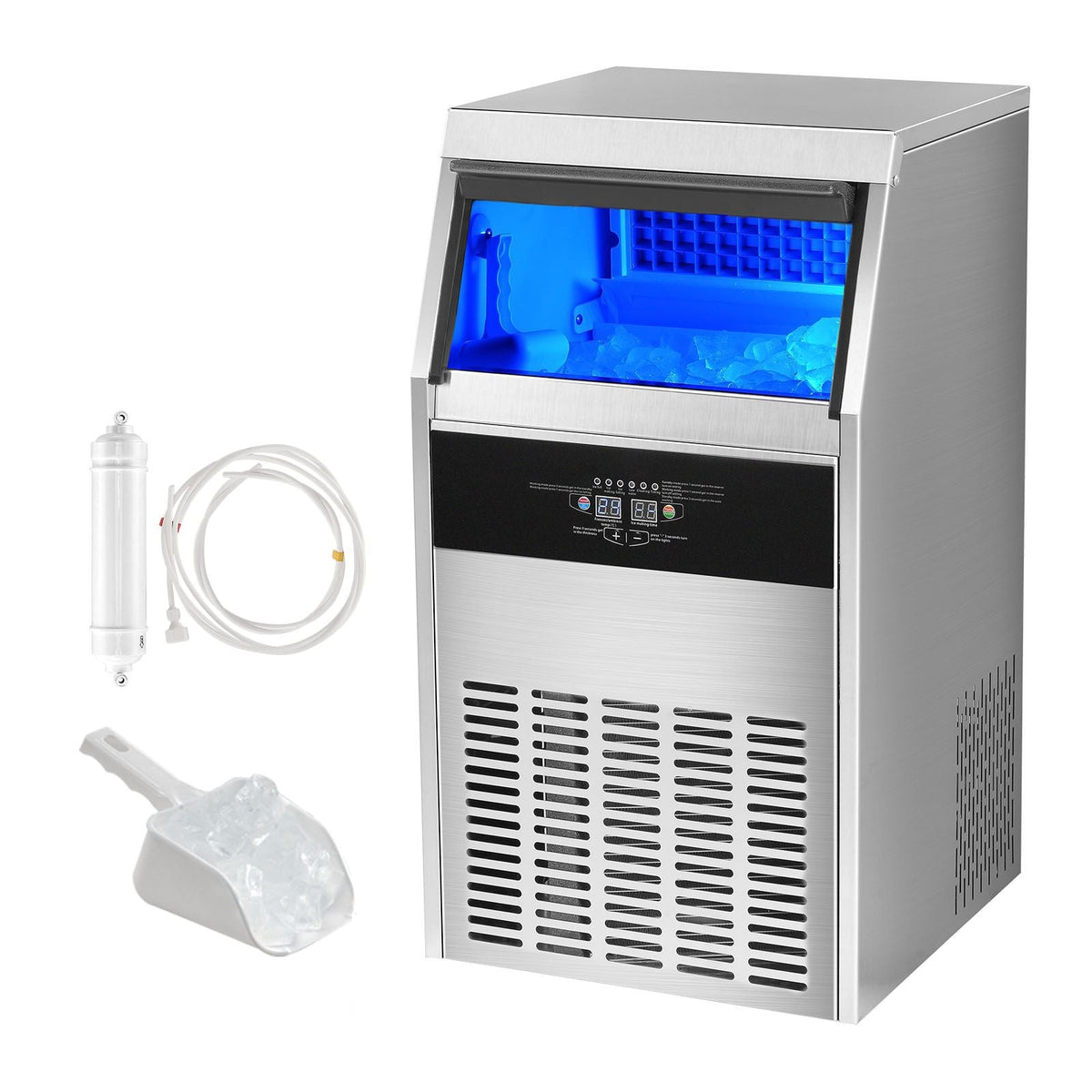 Commercial Ice Maker, 110lbs/24H, Ice Maker Machine, 60 Ice Cubes in 12-15 Minutes, Freestanding Cabinet Ice Maker with 33lbs Storage Capacity LED Digital Display, for Bar Home Office Restaurant