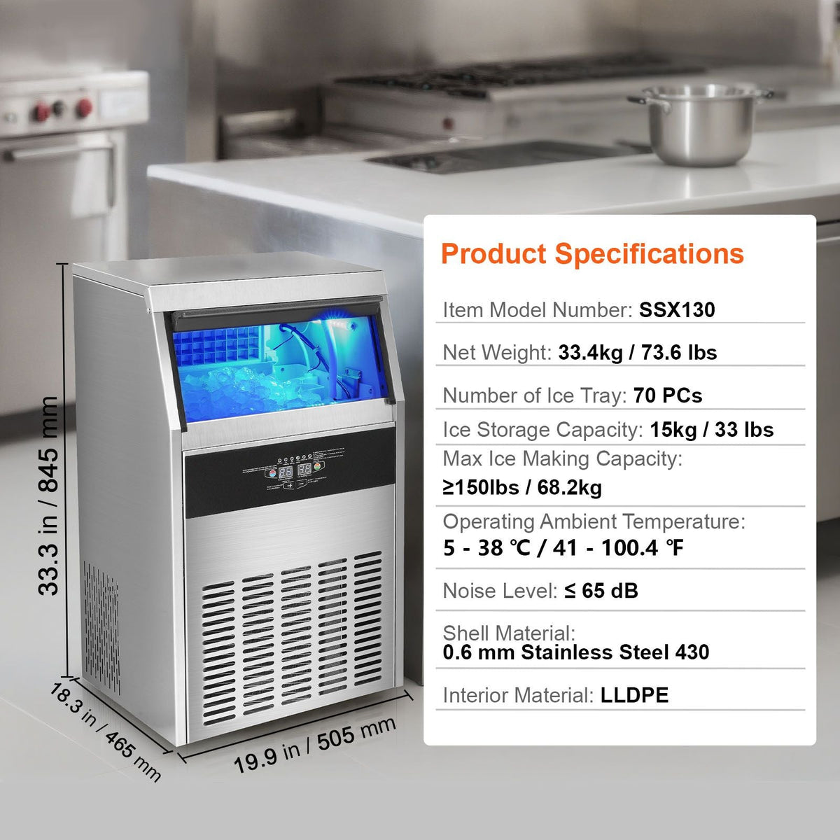Commercial Ice Maker, 150lbs/24H, Ice Maker Machine, 70 Ice Cubes in 12-15 Minutes, Freestanding Cabinet Ice Maker with 33lbs Storage Capacity LED Digital Display, for Bar Home Office Restaurant