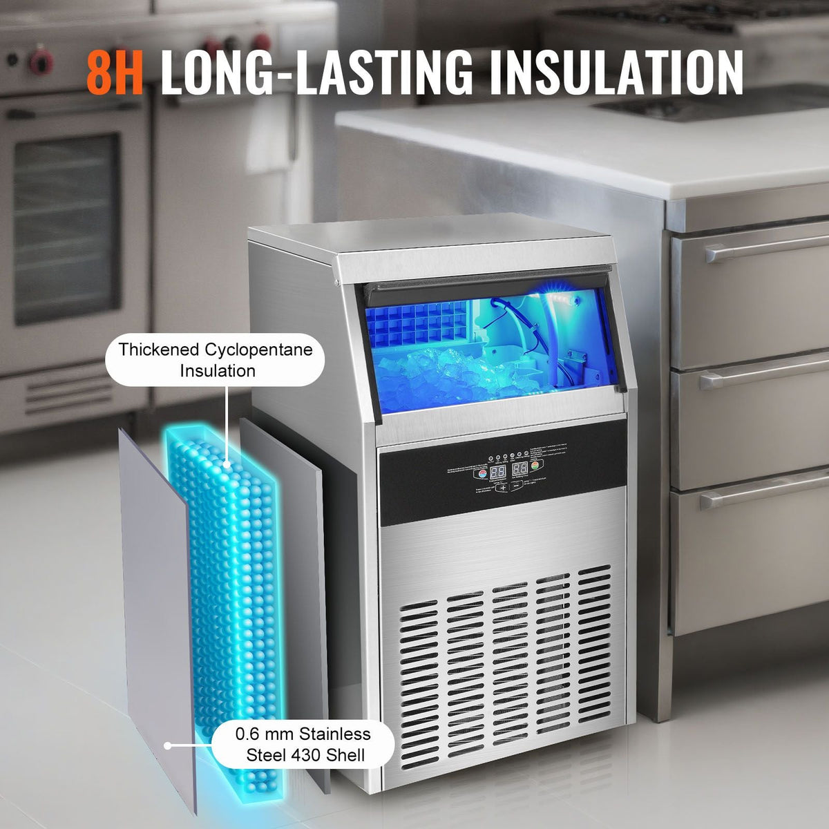 Commercial Ice Maker, 150lbs/24H, Ice Maker Machine, 70 Ice Cubes in 12-15 Minutes, Freestanding Cabinet Ice Maker with 33lbs Storage Capacity LED Digital Display, for Bar Home Office Restaurant