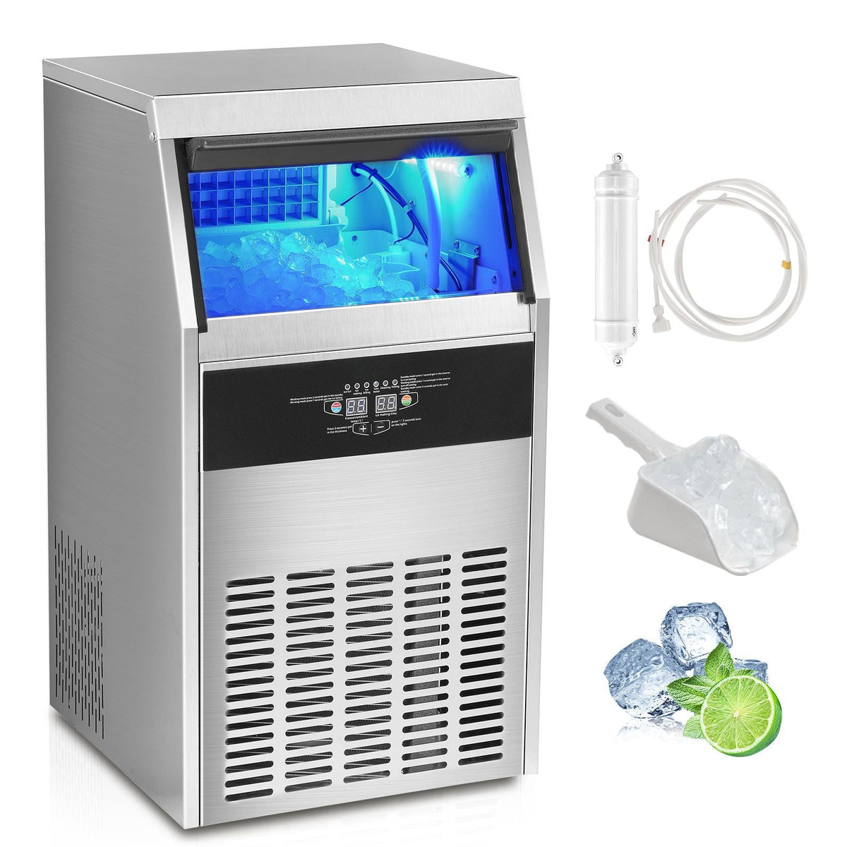 Commercial Ice Maker, 150lbs/24H, Ice Maker Machine, 70 Ice Cubes in 12-15 Minutes, Freestanding Cabinet Ice Maker with 33lbs Storage Capacity LED Digital Display, for Bar Home Office Restaurant