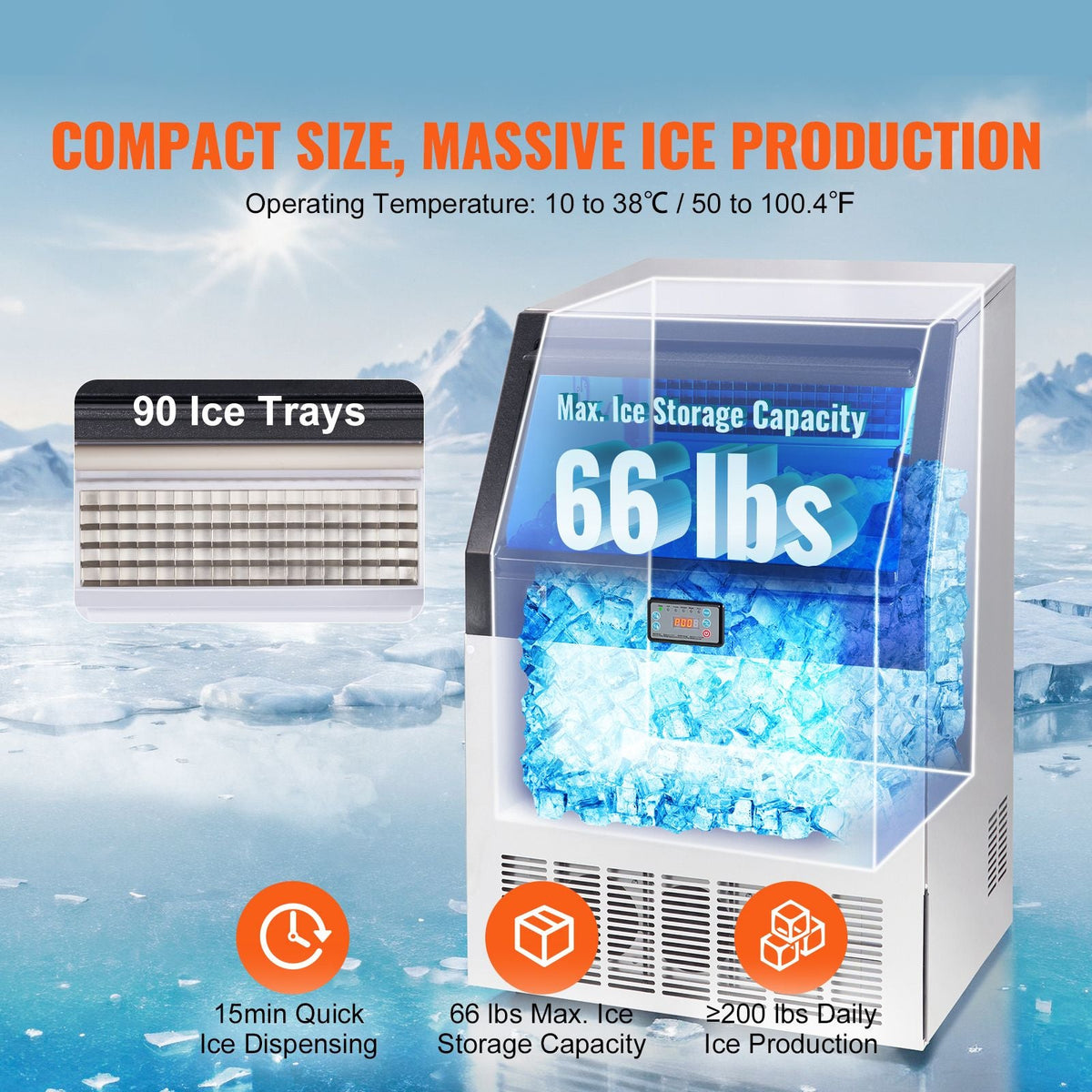 Commercial Ice Maker, 200lbs/24H, Ice Maker Machine, 90 Ice Cubes in 12-15 Minutes, Freestanding Cabinet Ice Maker with 66lbs Storage Capacity LED Digital Display, for Bar Home Office Restaurant