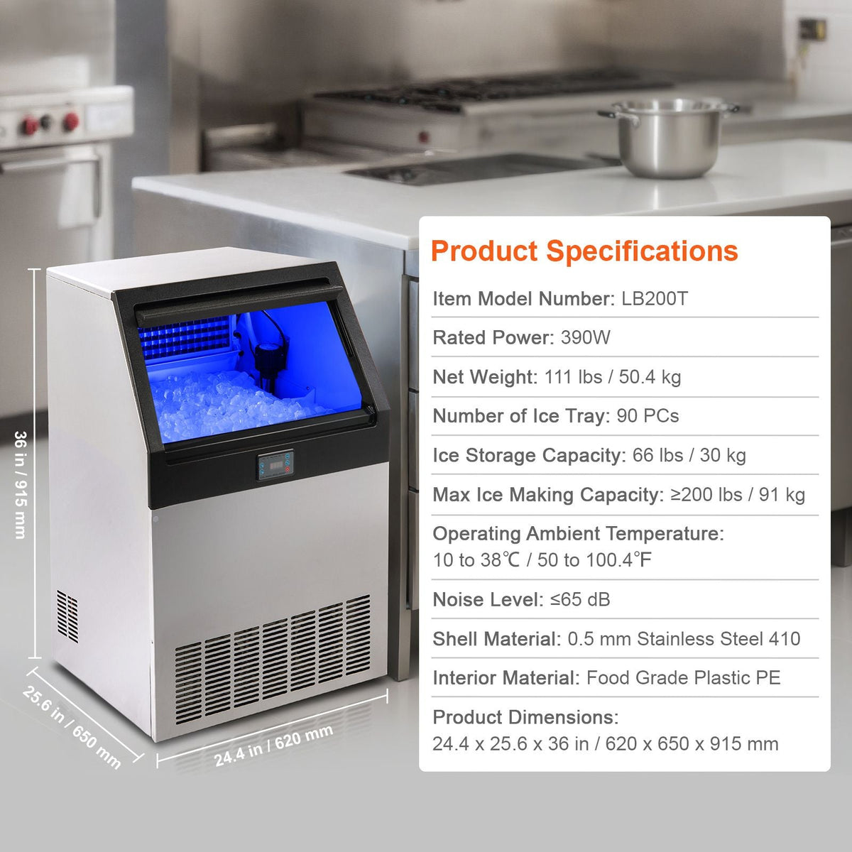 Commercial Ice Maker, 200lbs/24H, Ice Maker Machine, 90 Ice Cubes in 12-15 Minutes, Freestanding Cabinet Ice Maker with 66lbs Storage Capacity LED Digital Display, for Bar Home Office Restaurant