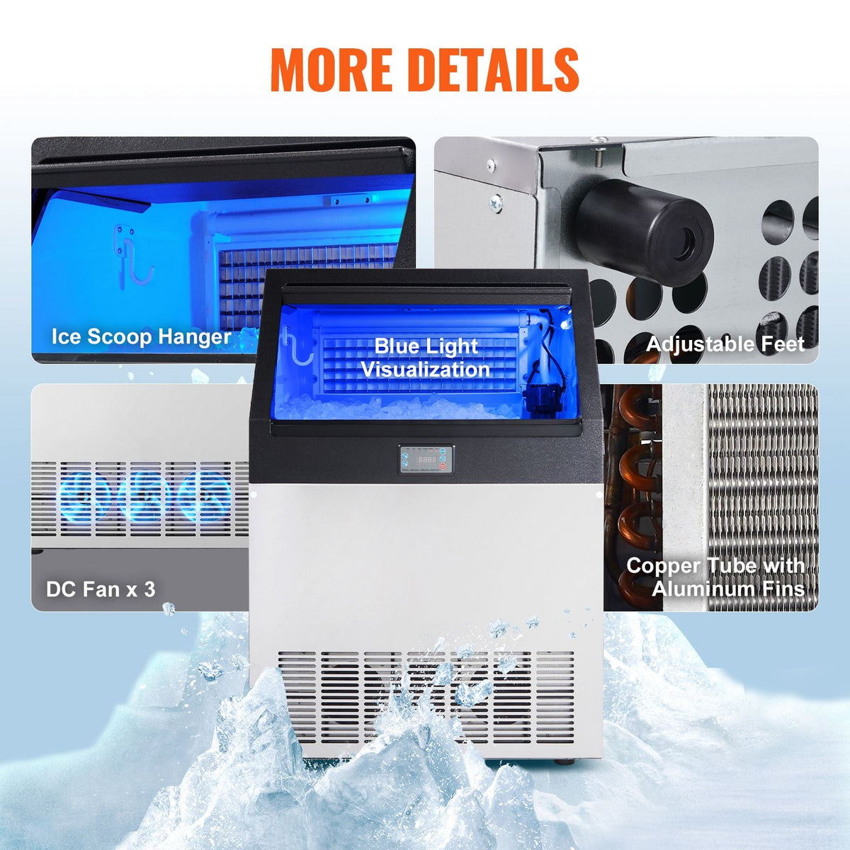 Commercial Ice Maker, 200lbs/24H, Ice Maker Machine, 90 Ice Cubes in 12-15 Minutes, Freestanding Cabinet Ice Maker with 66lbs Storage Capacity LED Digital Display, for Bar Home Office Restaurant