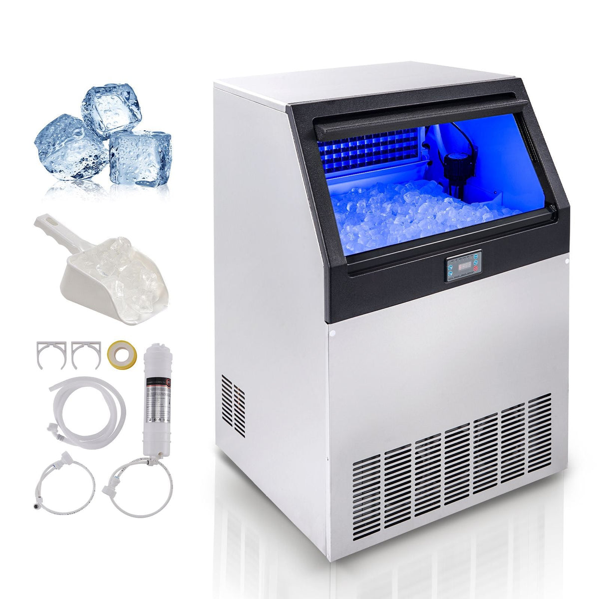 Commercial Ice Maker, 200lbs/24H, Ice Maker Machine, 90 Ice Cubes in 12-15 Minutes, Freestanding Cabinet Ice Maker with 66lbs Storage Capacity LED Digital Display, for Bar Home Office Restaurant