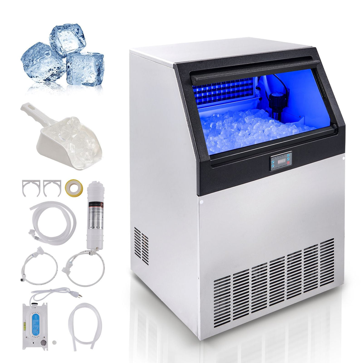 Commercial Ice Maker, 200lbs/24H, Ice Maker Machine, 90 Ice Cubes in 12-15 Minutes, Freestanding Cabinet Ice Maker with 66lbs Storage Capacity LED Digital Display, for Bar Home Office Restaurant