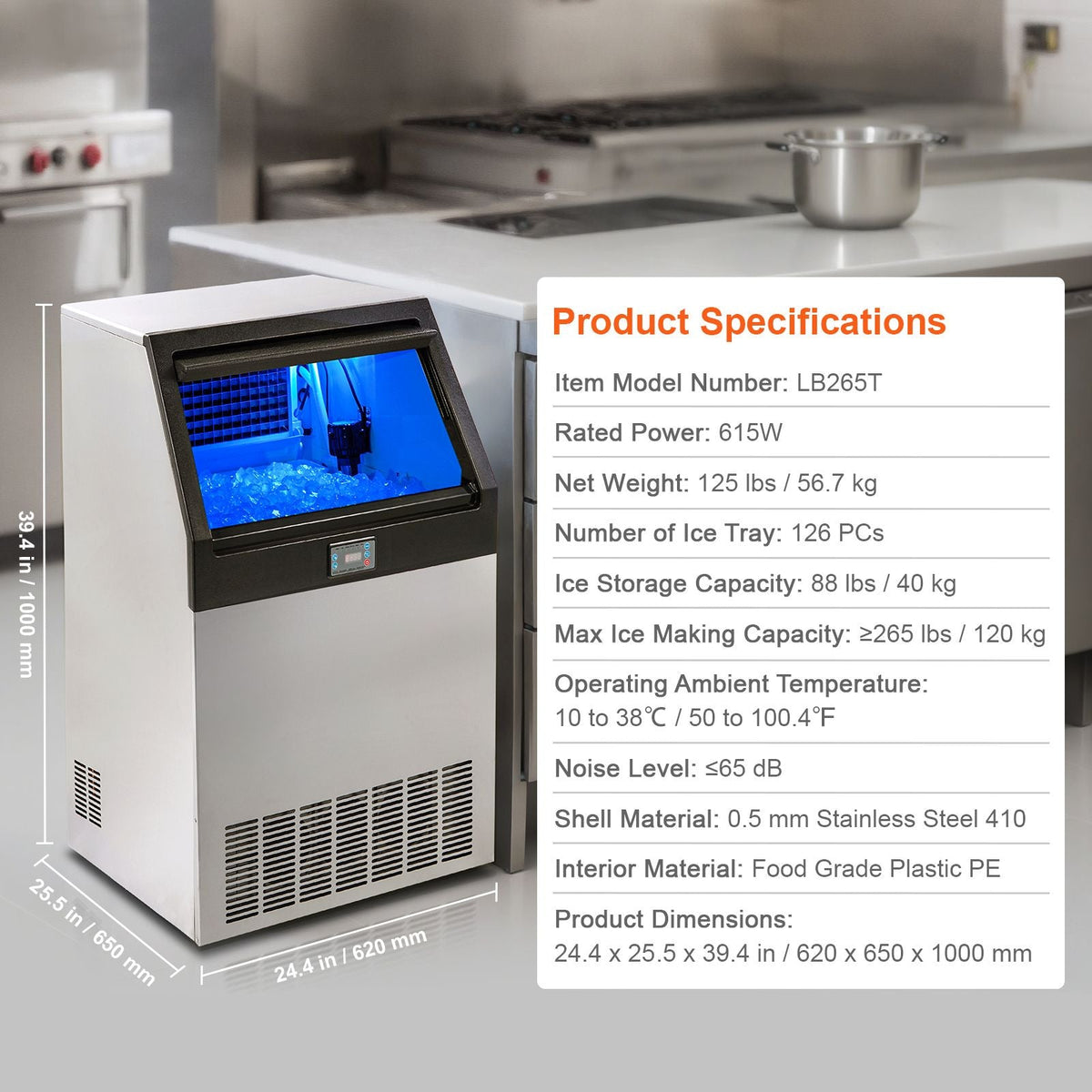Commercial Ice Maker, 265lbs/24H, Ice Maker Machine, 126 Ice Cubes in 12-15 Minutes, Freestanding Cabinet Ice Maker with 88lbs Storage Capacity LED Digital Display, for Home Office Restaurant