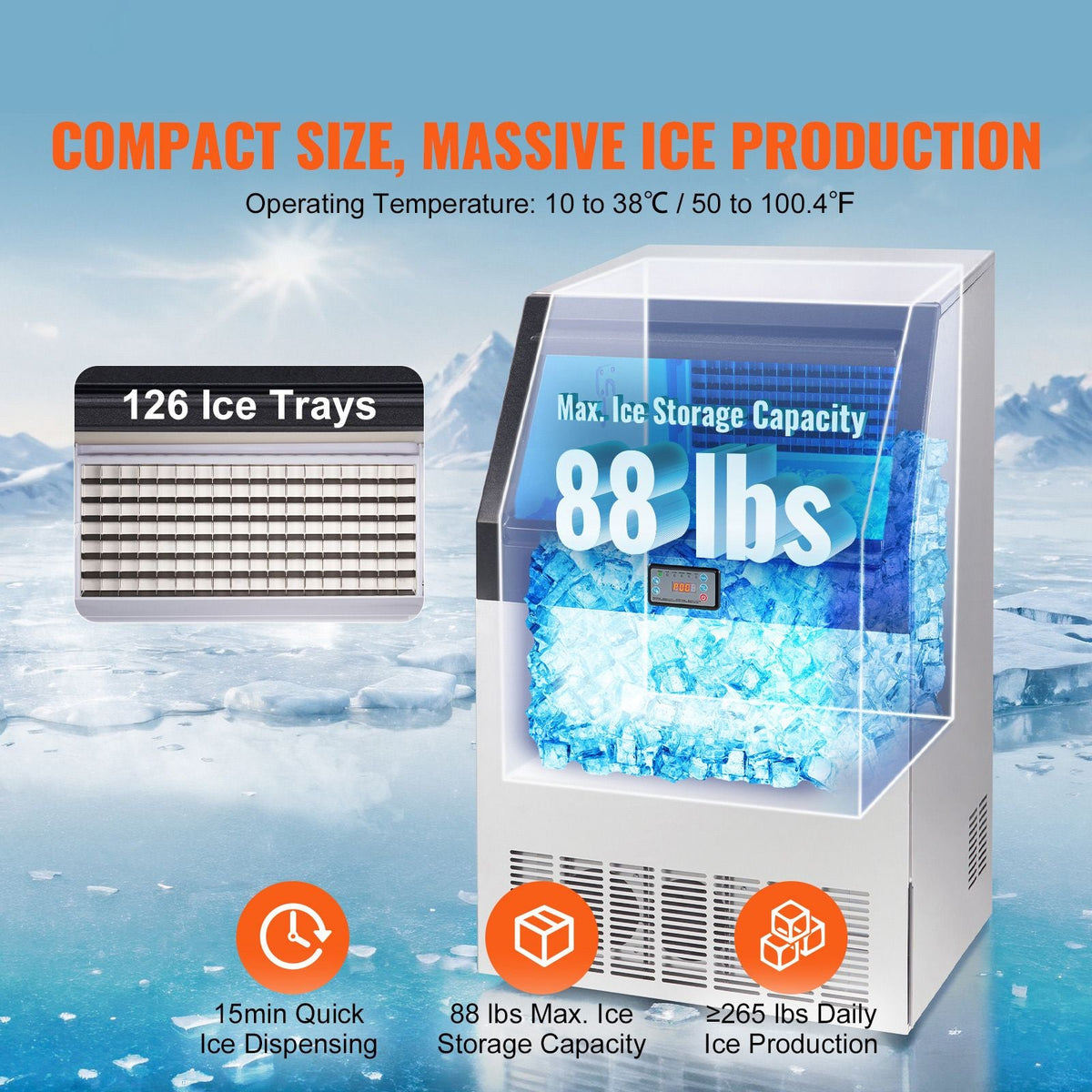 Commercial Ice Maker, 265lbs/24H, Ice Maker Machine, 126 Ice Cubes in 12-15 Minutes, Freestanding Cabinet Ice Maker with 88lbs Storage Capacity LED Digital Display, for Home Office Restaurant