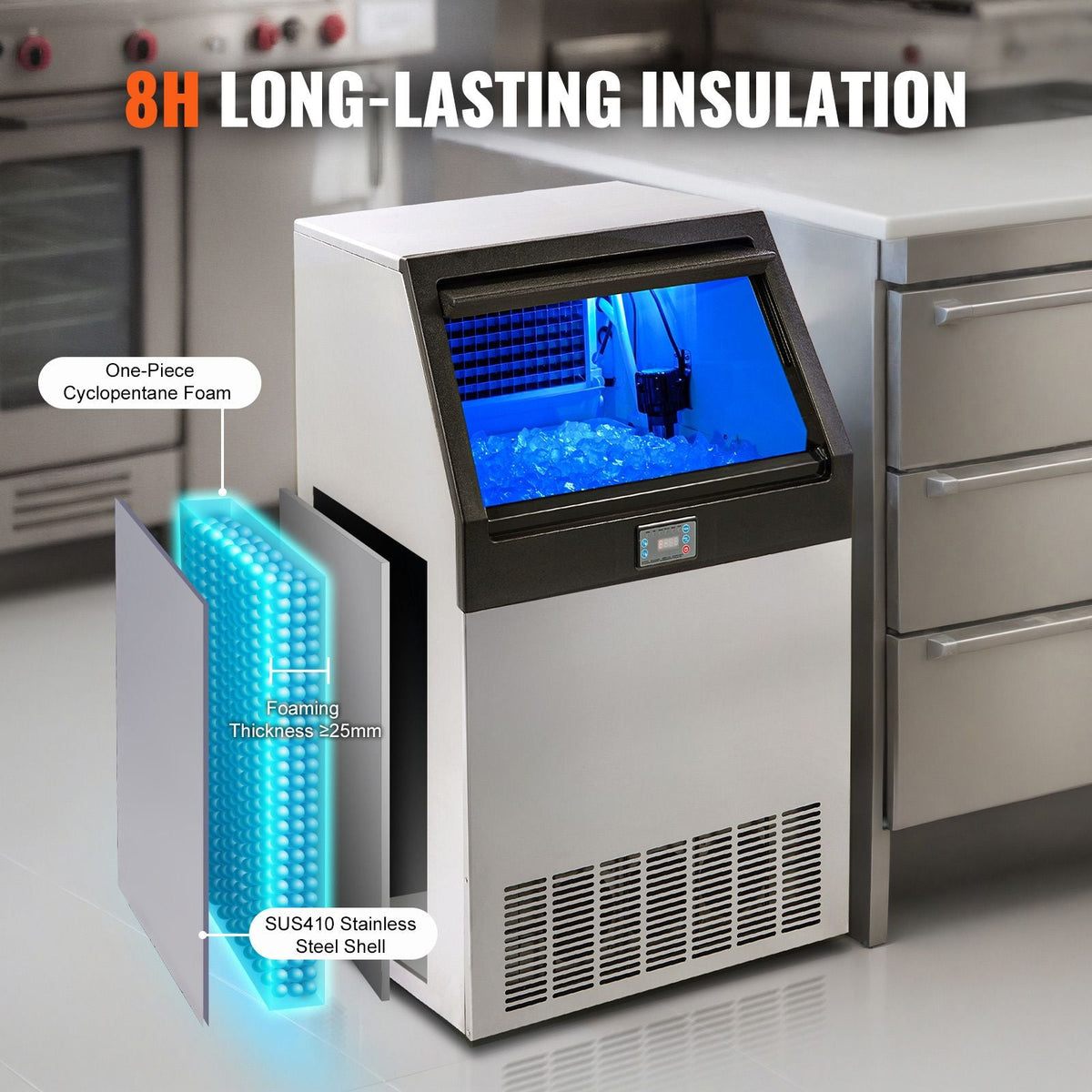 Commercial Ice Maker, 265lbs/24H, Ice Maker Machine, 126 Ice Cubes in 12-15 Minutes, Freestanding Cabinet Ice Maker with 88lbs Storage Capacity LED Digital Display, for Home Office Restaurant