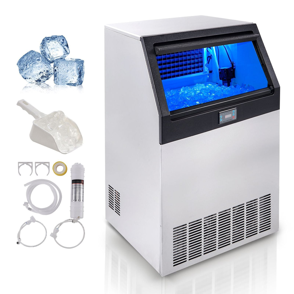 Commercial Ice Maker, 265lbs/24H, Ice Maker Machine, 126 Ice Cubes in 12-15 Minutes, Freestanding Cabinet Ice Maker with 88lbs Storage Capacity LED Digital Display, for Home Office Restaurant