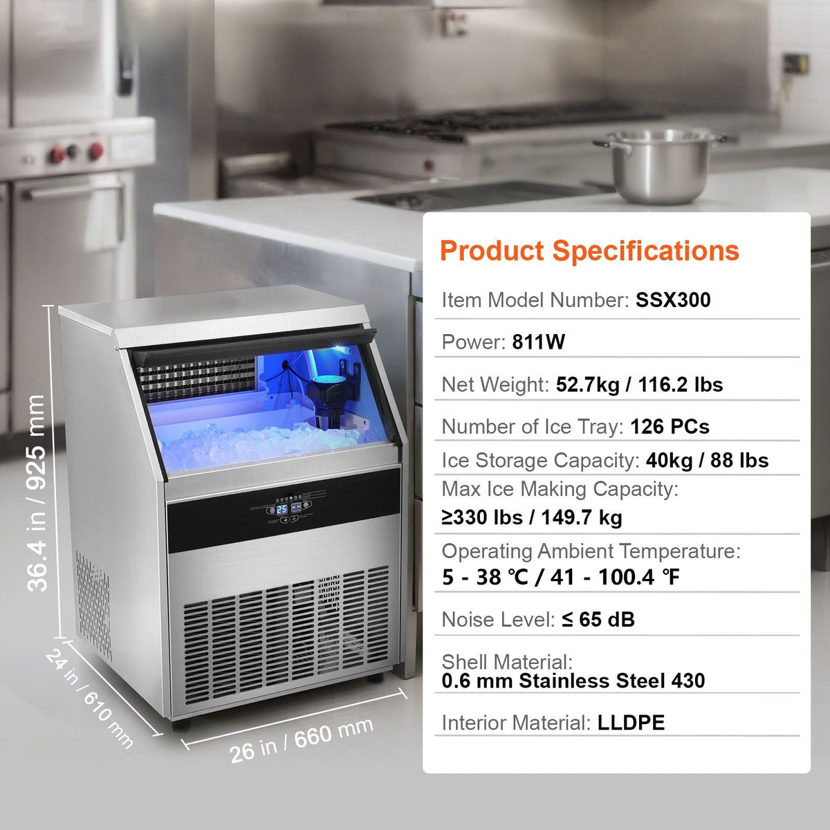 Commercial Ice Maker, 330lbs/24H, Ice Maker Machine, 126 Ice Cubes in 12-15 Minutes, Freestanding Cabinet Ice Maker with 88lbs Storage Capacity LED Digital Display, for Bar Home Restaurant