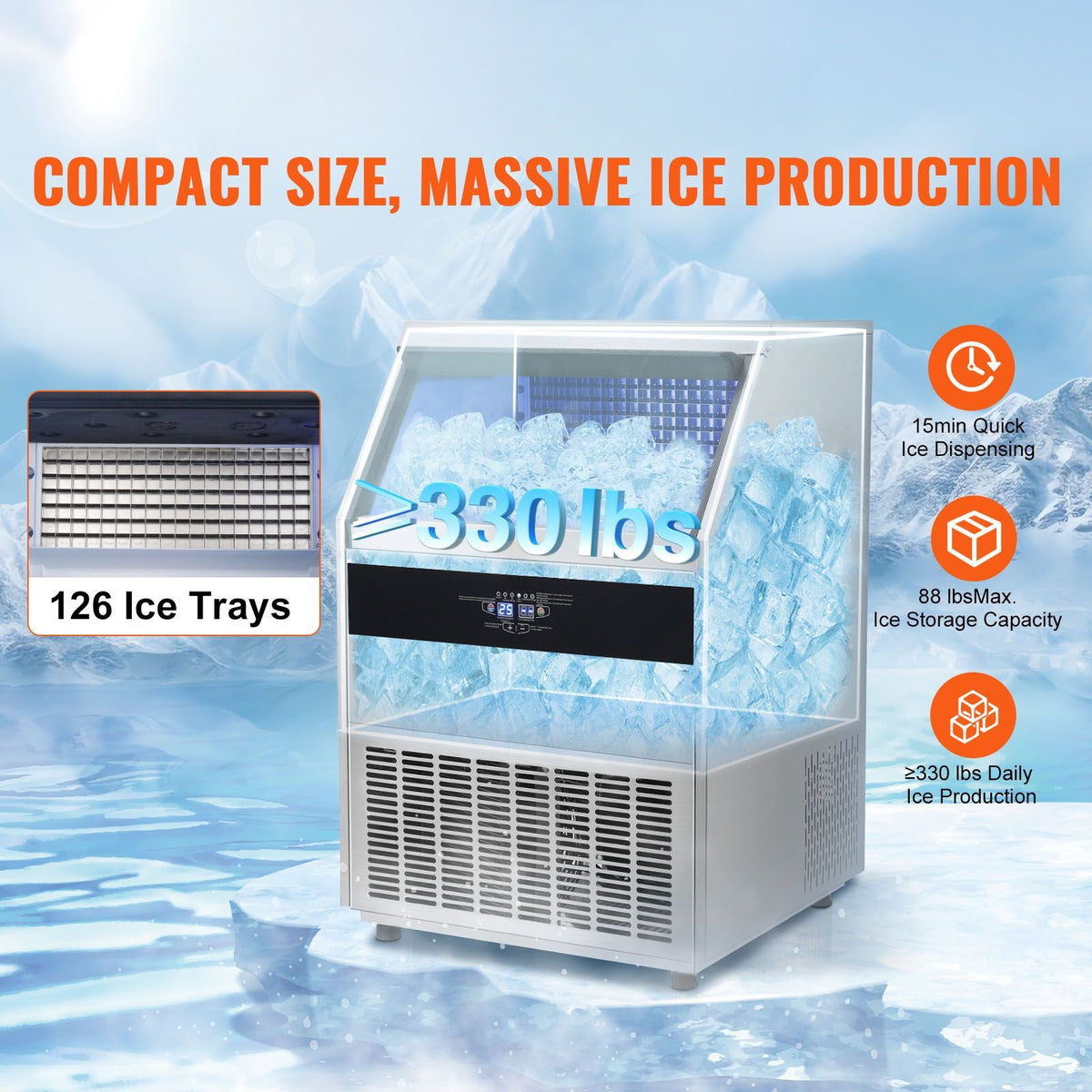 Commercial Ice Maker, 330lbs/24H, Ice Maker Machine, 126 Ice Cubes in 12-15 Minutes, Freestanding Cabinet Ice Maker with 88lbs Storage Capacity LED Digital Display, for Bar Home Restaurant