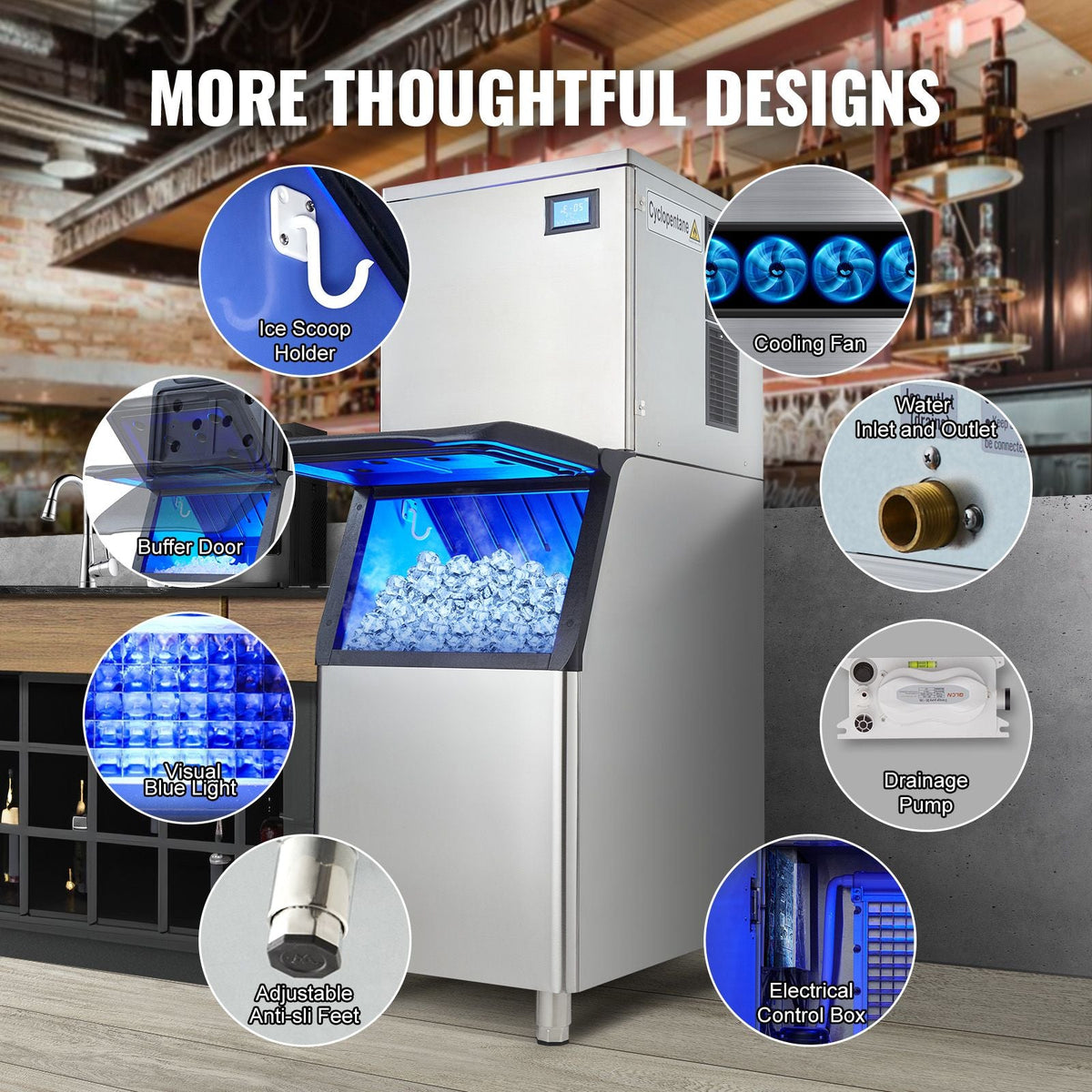 Commercial Ice Maker, 360LBS/24H Ice Making Machine with 330.7LBS Large Storage Bin, 700W Auto Self-Cleaning Ice Maker Machine with 3.5-inch LED Panel for Bar Cafe Restaurant Business