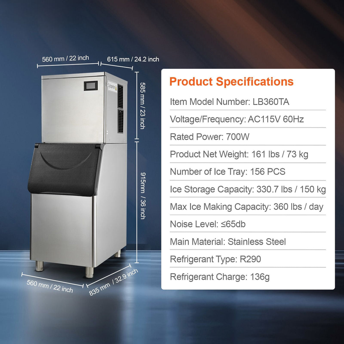 Commercial Ice Maker, 360LBS/24H Ice Making Machine with 330.7LBS Large Storage Bin, 700W Auto Self-Cleaning Ice Maker Machine with 3.5-inch LED Panel for Bar Cafe Restaurant Business