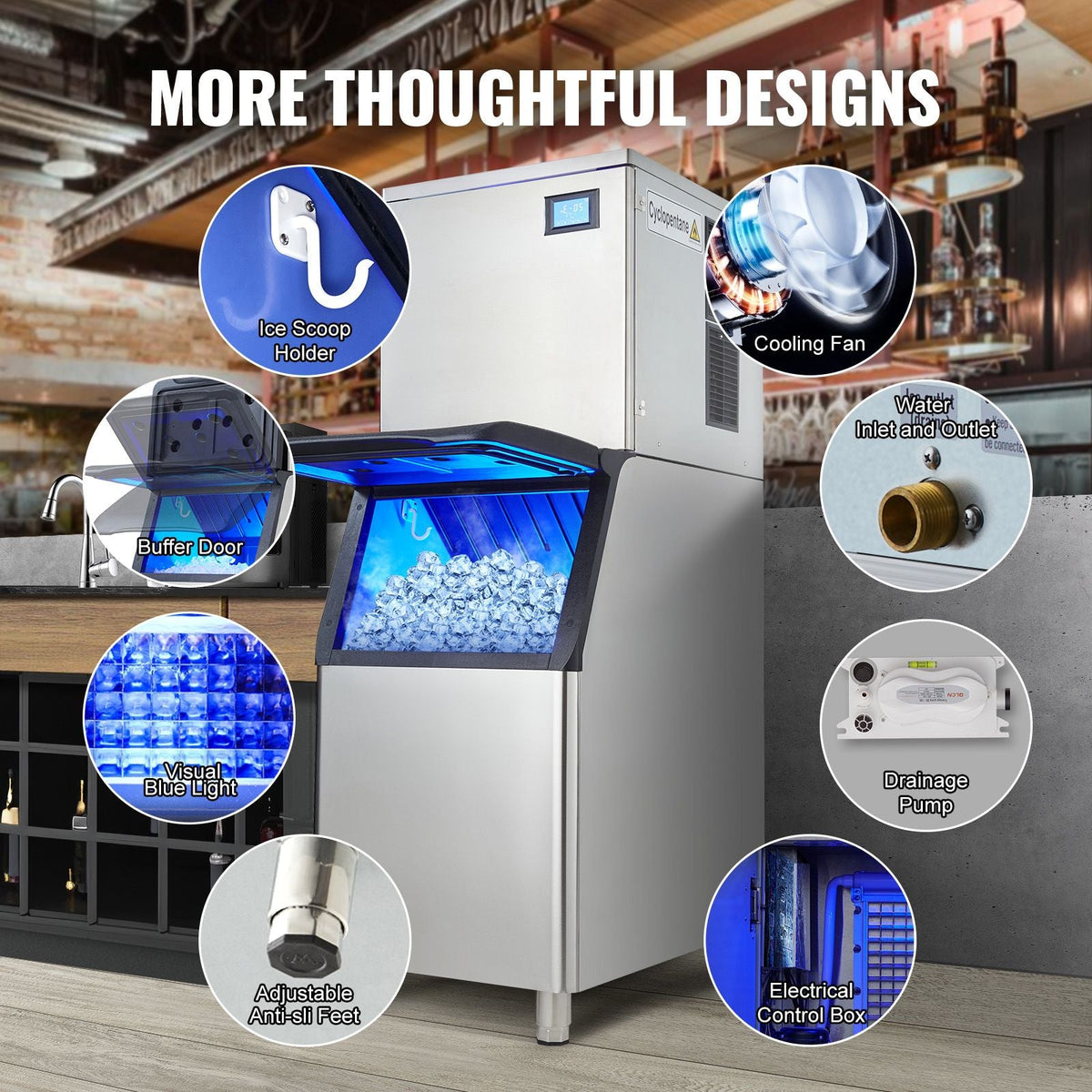 Commercial Ice Maker, 400LBS/24H Ice Making Machine with 330.7LBS Large Storage Bin, 800W Auto Self-Cleaning Ice Maker Machine with 3.5-inch LED Screen for Business Bar
