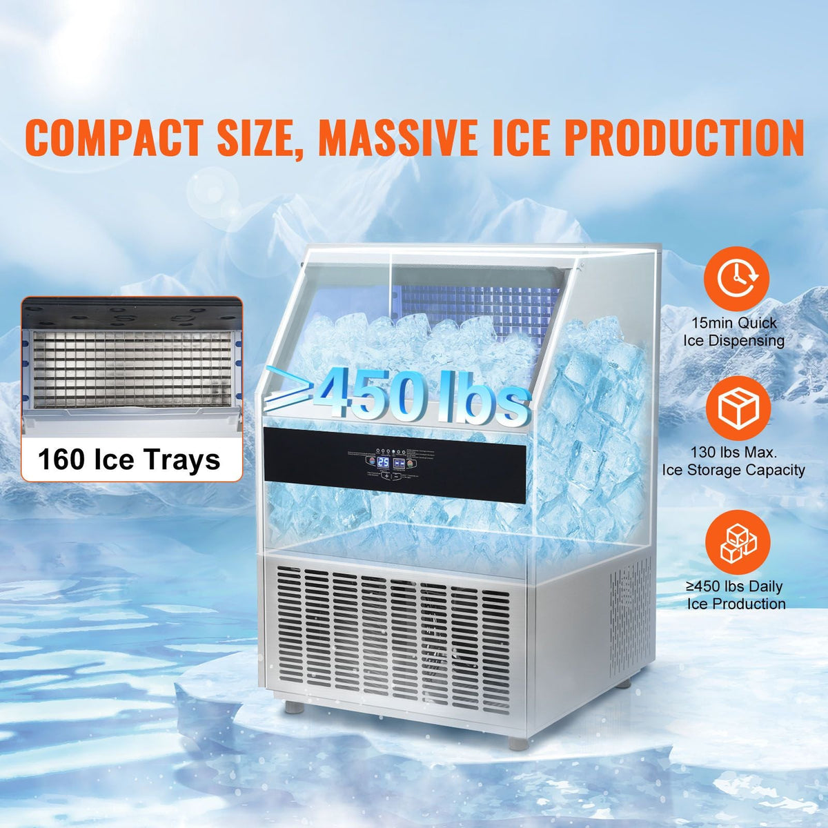 Commercial Ice Maker, 450lbs/24H, Ice Maker Machine, 160 Ice Cubes in 12-15 Minutes, Freestanding Cabinet Ice Maker with 130lbs Storage Capacity LED Digital Display, for Bar Home Office Restaura
