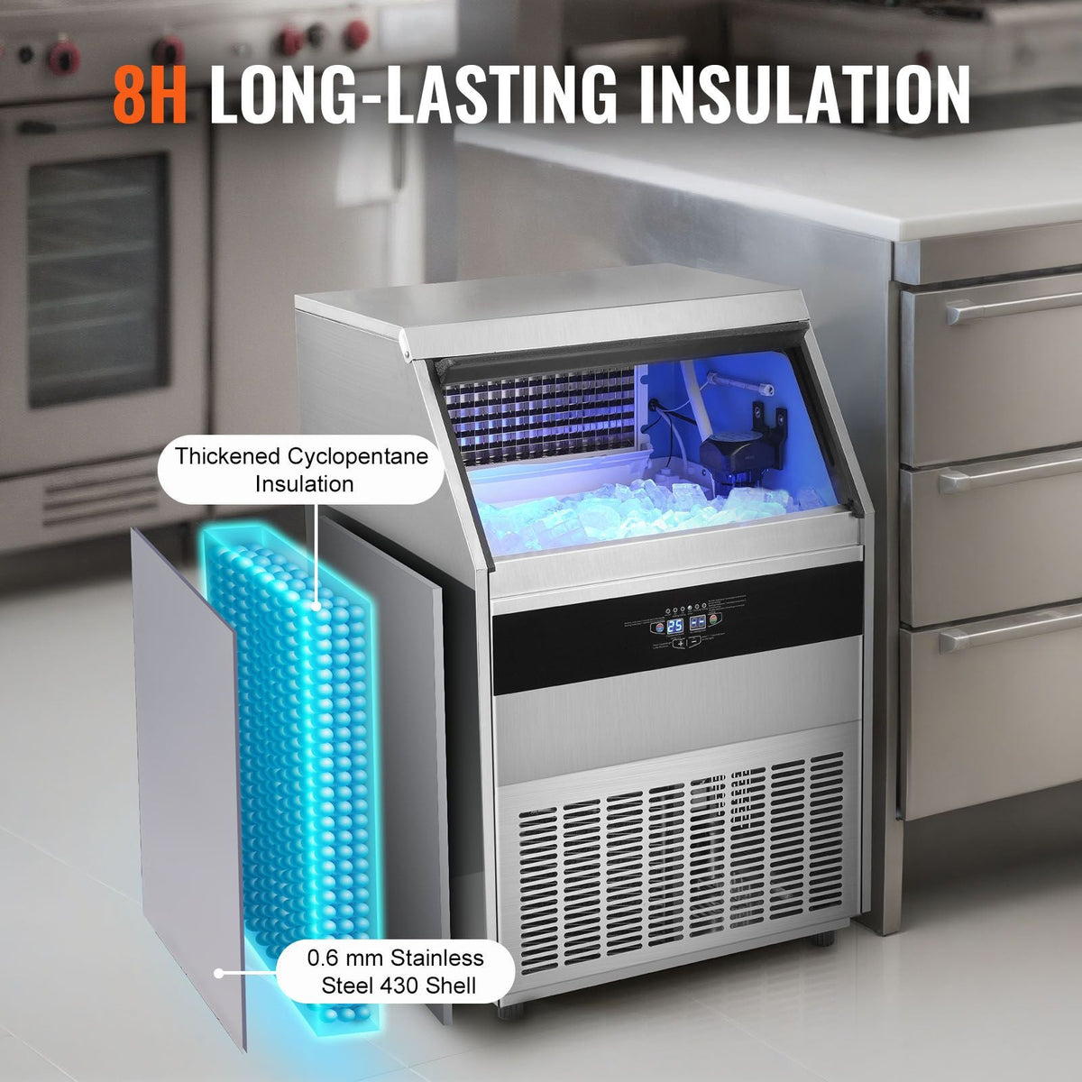 Commercial Ice Maker, 450lbs/24H, Ice Maker Machine, 160 Ice Cubes in 12-15 Minutes, Freestanding Cabinet Ice Maker with 130lbs Storage Capacity LED Digital Display, for Bar Home Office Restaura