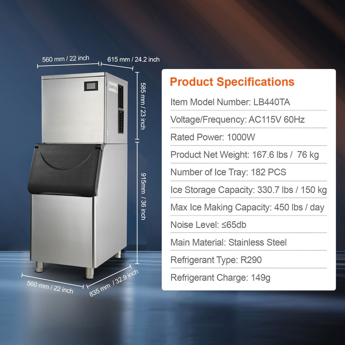 Commercial Ice Maker, 450LBS/24H Ice Making Machine with 330.7LBS Large Storage Bin, 1000W Auto Self-Cleaning Ice Maker Machine with 3.5-inch LED Panel for Bar Cafe Restaurant Business
