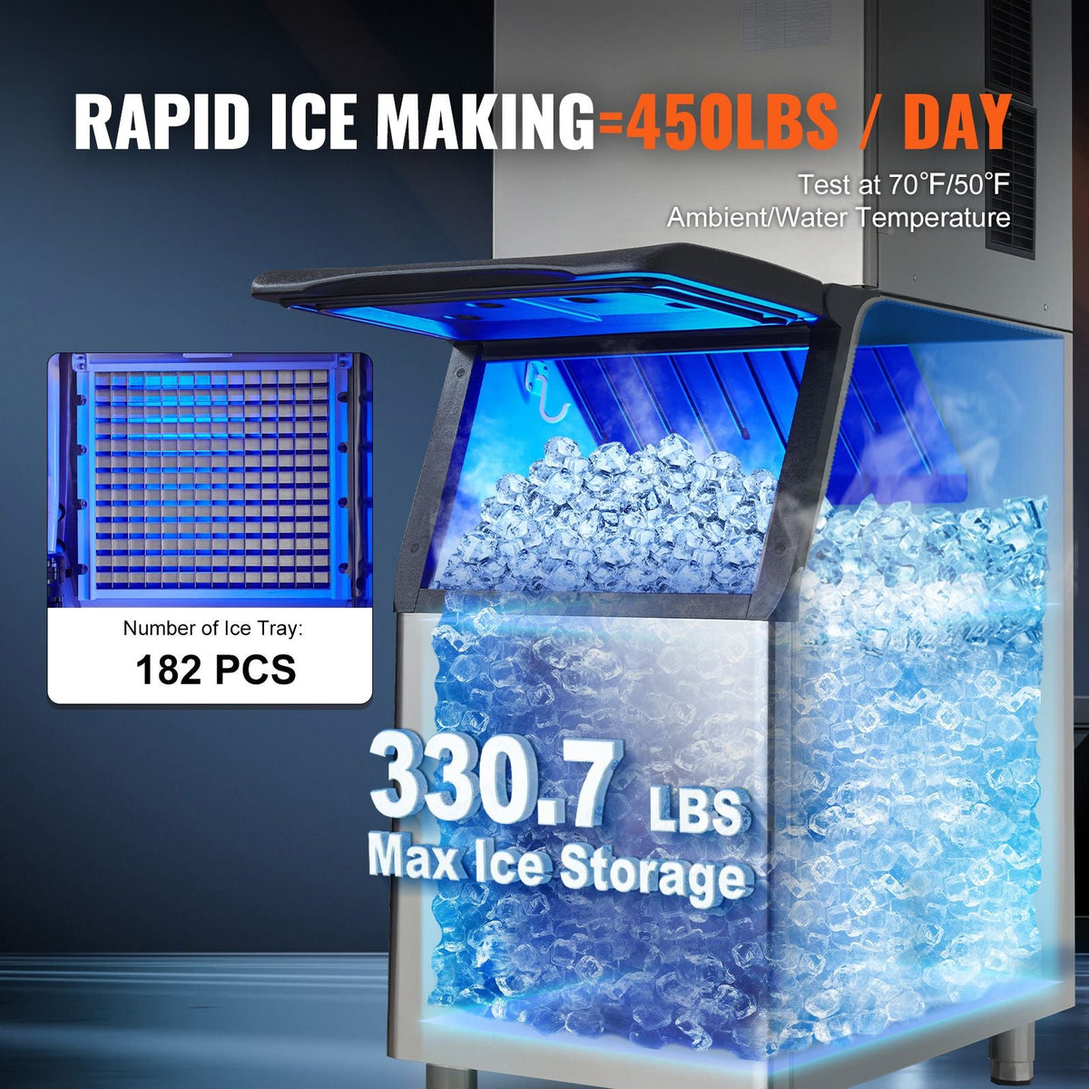 Commercial Ice Maker, 450LBS/24H Ice Making Machine with 330.7LBS Large Storage Bin, 1000W Auto Self-Cleaning Ice Maker Machine with 3.5-inch LED Panel for Bar Cafe Restaurant Business