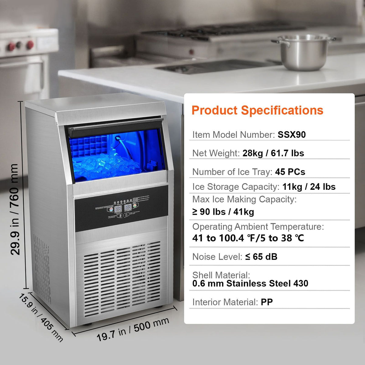 Commercial Ice Maker, 90lbs/24H, Ice Maker Machine, 45 Ice Cubes in 12-15 Minutes, Freestanding Cabinet Ice Maker with 24lbs Storage Capacity LED Digital Display, for Bar Home Office Restaurant