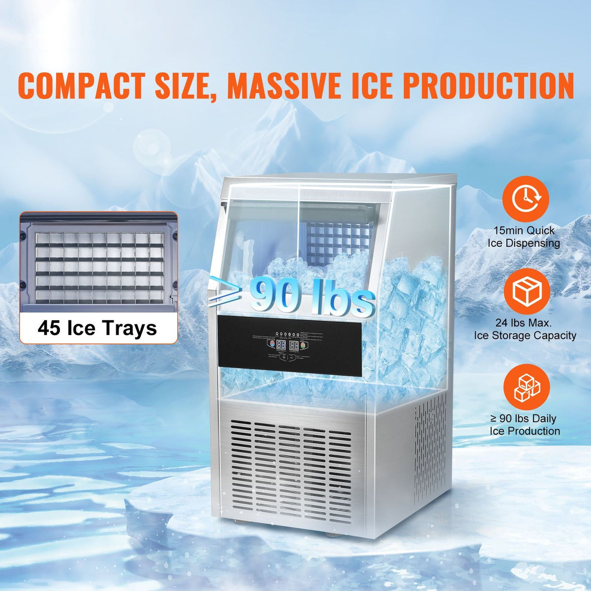Commercial Ice Maker, 90lbs/24H, Ice Maker Machine, 45 Ice Cubes in 12-15 Minutes, Freestanding Cabinet Ice Maker with 24lbs Storage Capacity LED Digital Display, for Bar Home Office Restaurant