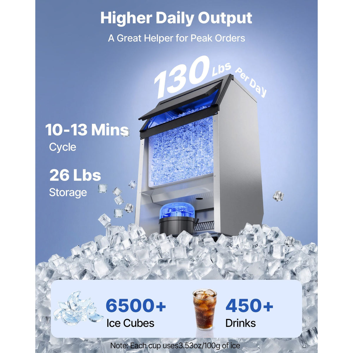 Commercial Ice Maker Machine, 100 lbs/24h with 26 lbs Storage Capacity, Built-in/Freestanding/Under Counter, Stainless Steel Ice Maker with LED Display & Self-Cleaning, for Home Bar Restaurant