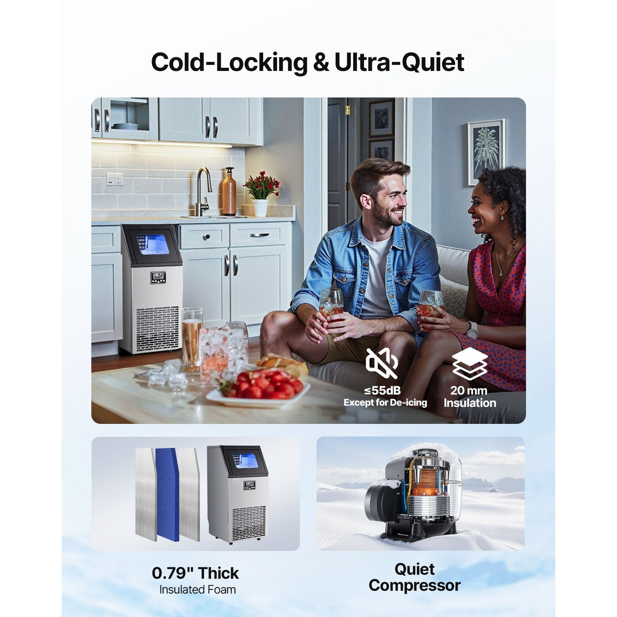 Commercial Ice Maker Machine, 100 lbs/24h with 28Lbs Storage, 45 Cubes per Cycle, Stainless Steel Freestanding & Under Counter Ice Maker with LED Display & Self-Cleaning, for Home Bar Restaurant