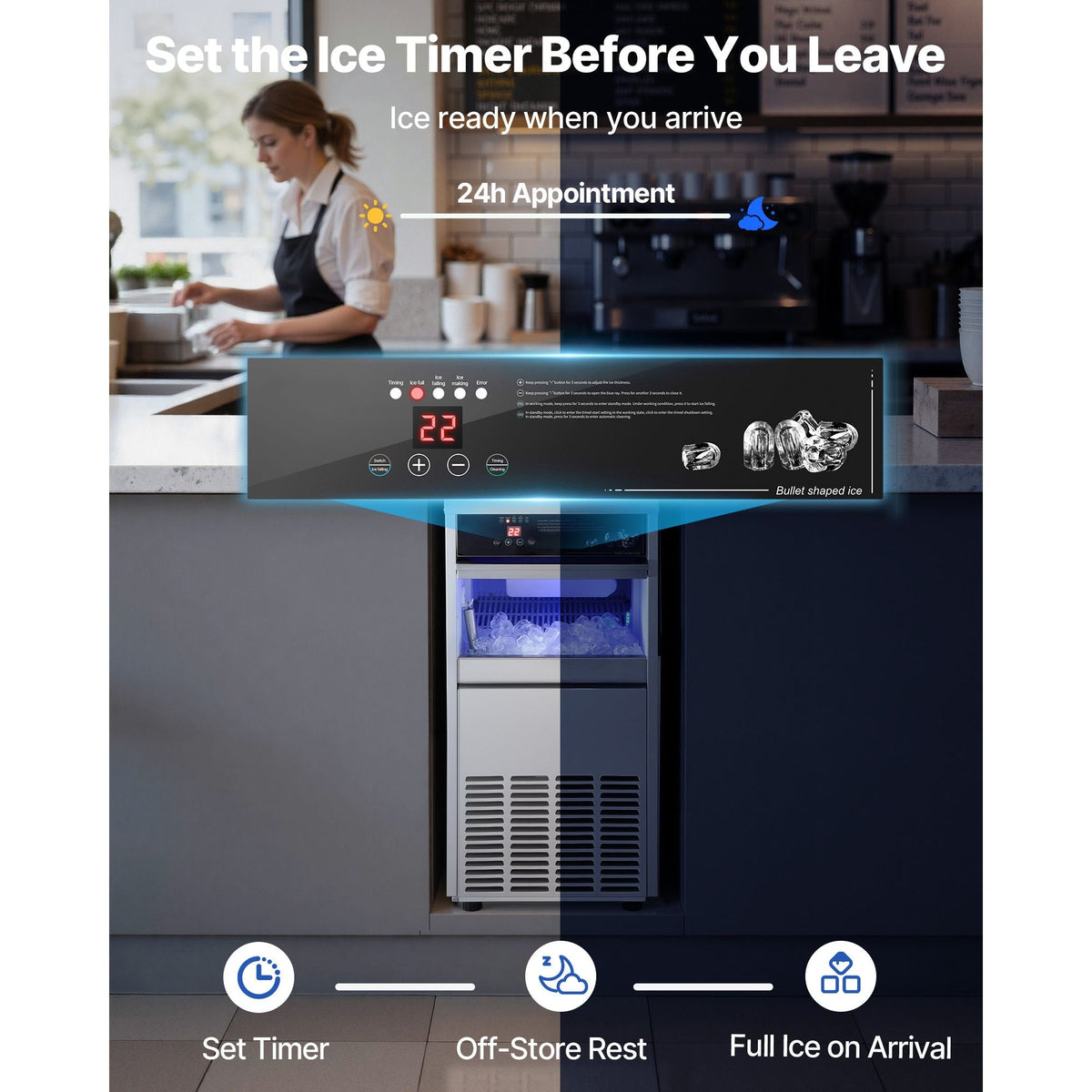 Commercial Ice Maker Machine, 100 lbs/24h with 30-35 lbs Storage, Built-in/Freestanding/Under Counter, Stainless Steel Ice Maker with LED Display & Self-Cleaning, for Home Bar Restaurant