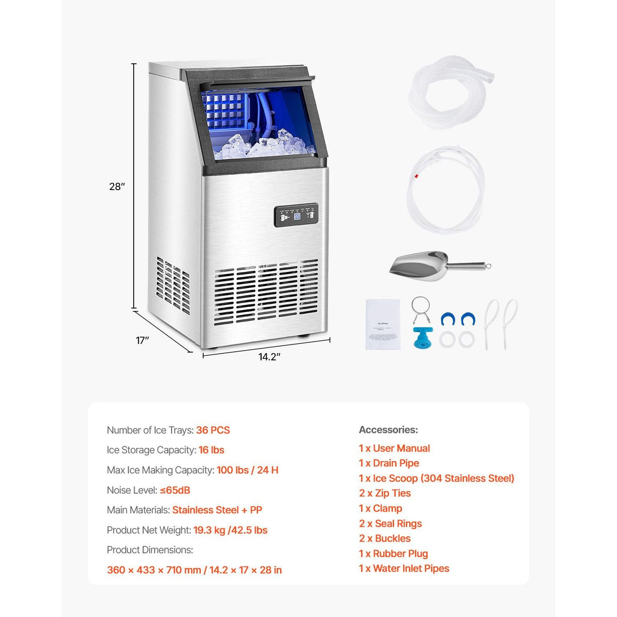 Commercial Ice Maker Machine, 100lbs/24H Ice Maker Machine with 16lbs Storage Capacity, 36 Ice Cubes in 15 Minutes, LED Digital Display Freestanding Self-Cleaning for Bar Office Restaurant
