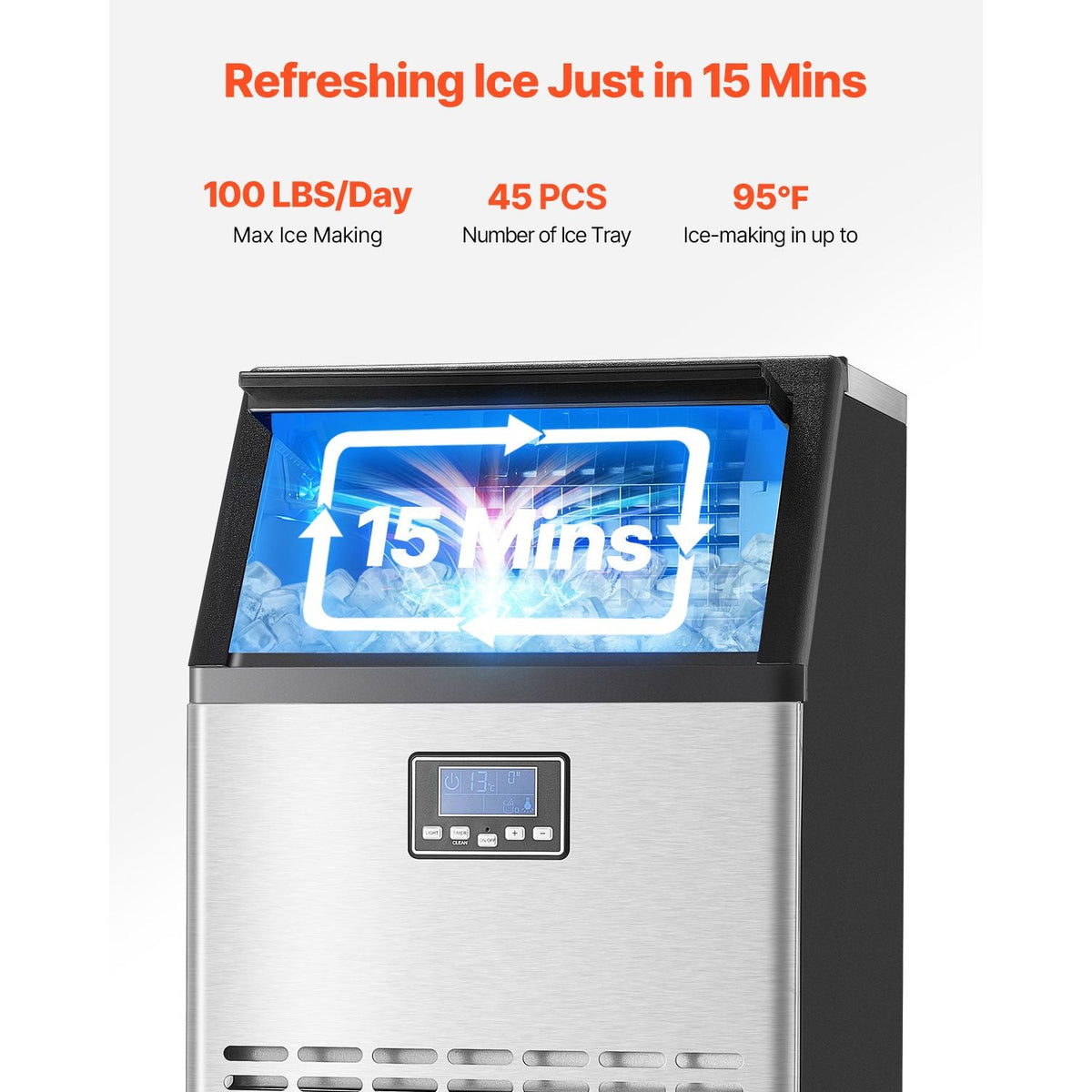 Commercial Ice Maker Machine, 100lbs/24H Ice Maker Machine with 33lbs Storage Capacity, 45 Ice Cubes in 15 Minutes, LED Digital Display Freestanding Self-Cleaning for Bar Office Restaurant
