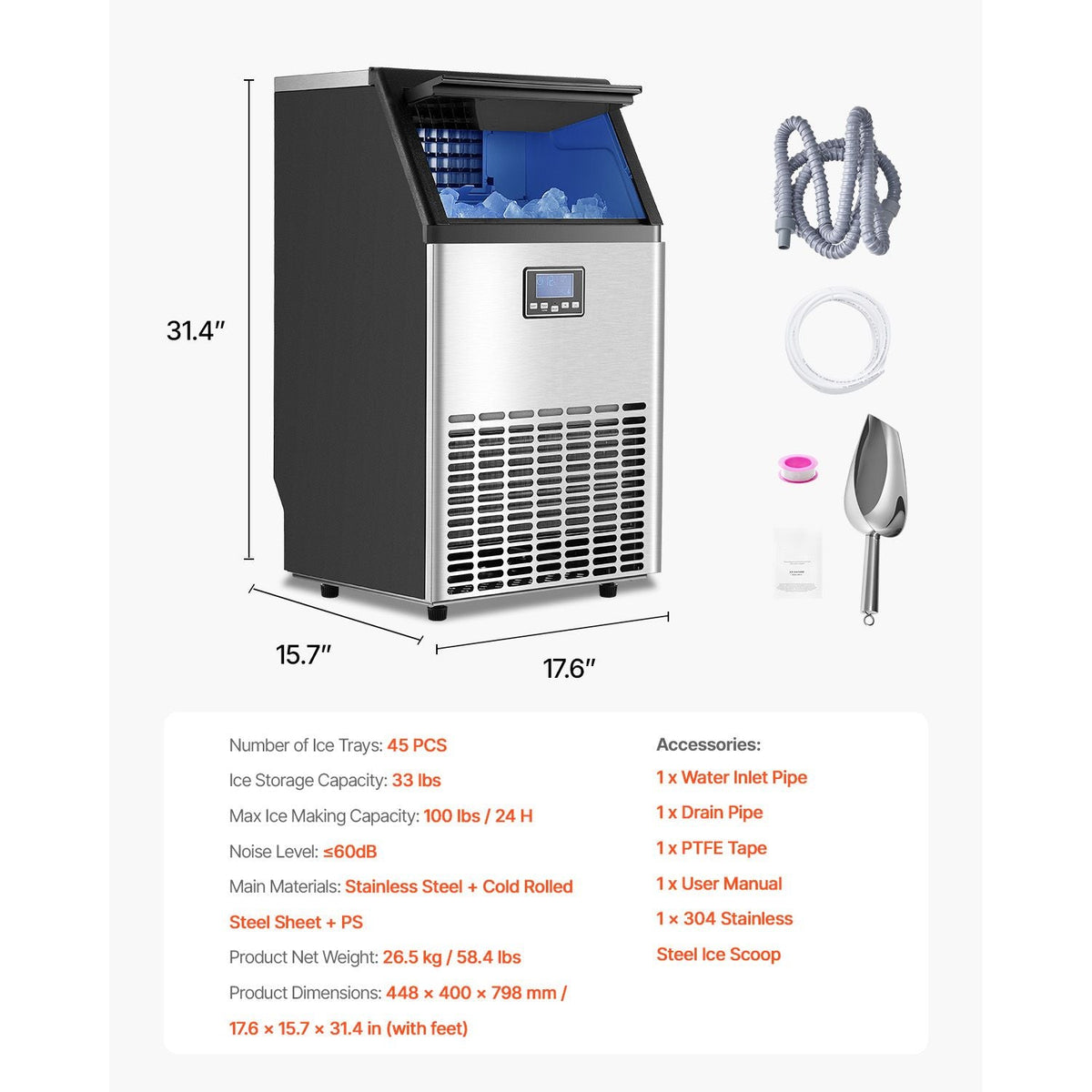 Commercial Ice Maker Machine, 100lbs/24H Ice Maker Machine with 33lbs Storage Capacity, 45 Ice Cubes in 15 Minutes, LED Digital Display Freestanding Self-Cleaning for Bar Office Restaurant