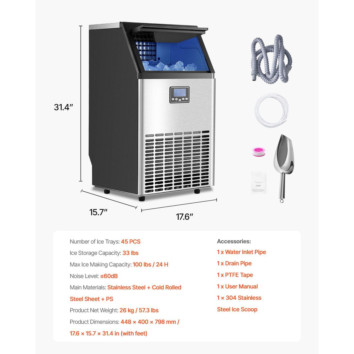 Commercial Ice Maker Machine, 100lbs/24H Ice Maker Machine with 33lbs Storage Capacity, 45 Ice Cubes in 15 Minutes, LED Digital Display Freestanding Self-Cleaning for Bar Office Restaurant
