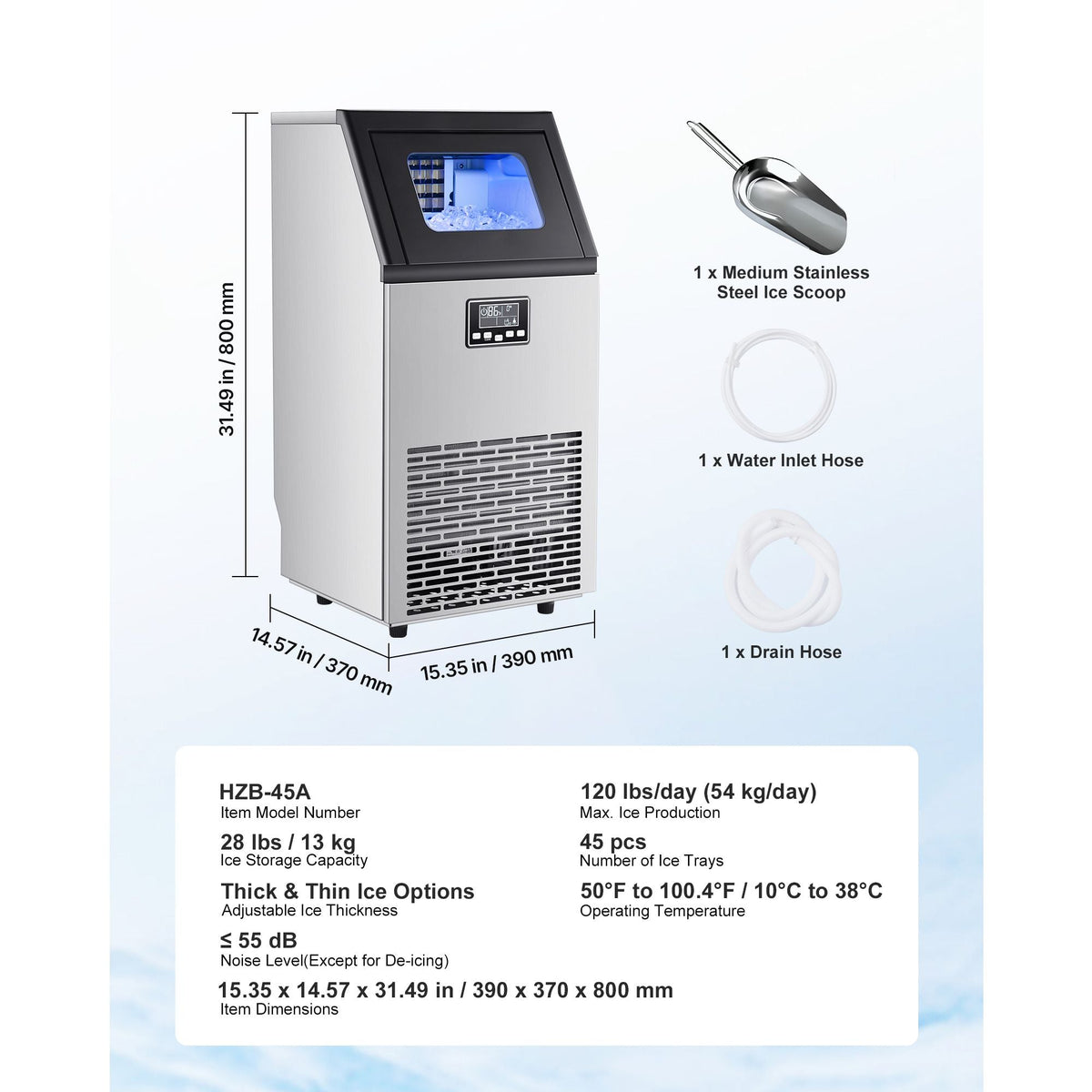 Commercial Ice Maker Machine, 120 lbs/24h with 28Lbs Storage, 45 Cubes per Cycle, Stainless Steel Freestanding & Under Counter Ice Maker with LED Display & Self-Cleaning, for Home Bar Restaurant