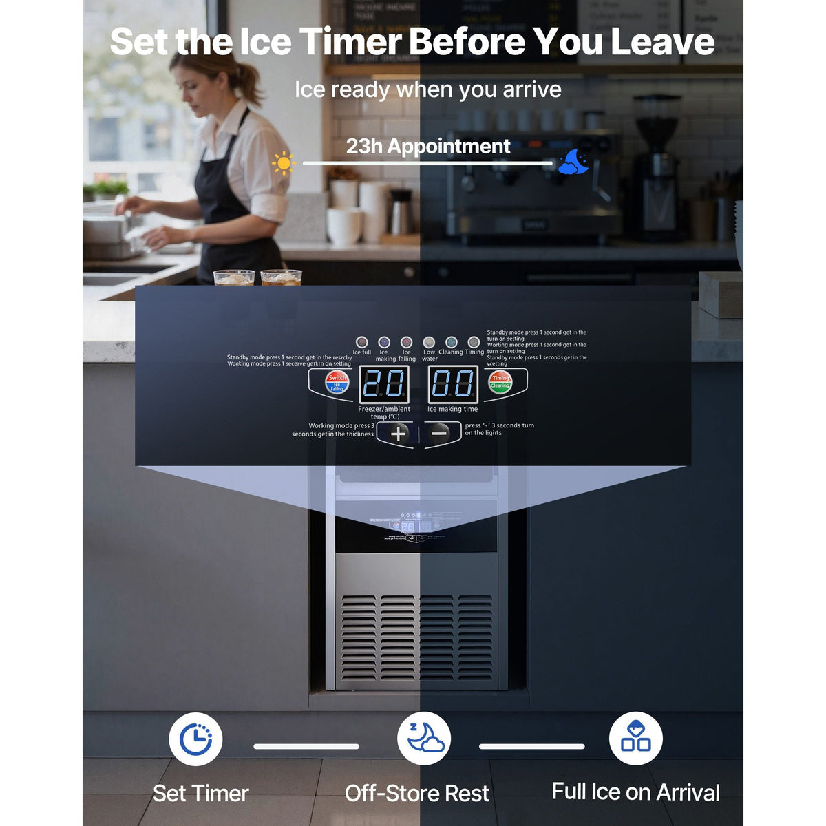 Commercial Ice Maker Machine, 130 lbs/24h with 30 lbs Storage Capacity, Built-in/Freestanding/Under Counter, Stainless Steel Ice Maker with LED Display & Self-Cleaning, for Home Bar Restaurant