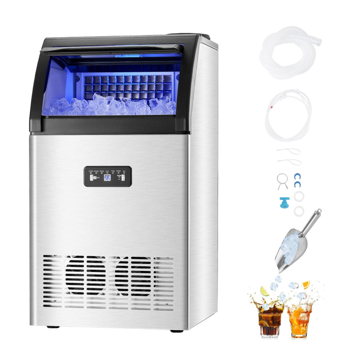 Commercial Ice Maker Machine, 130lbs/24H Ice Maker Machine with 33lbs Storage Capacity, 55 Ice Cubes in 15 Minutes, LED Digital Display Freestanding Self-Cleaning for Bar Office Restaurant
