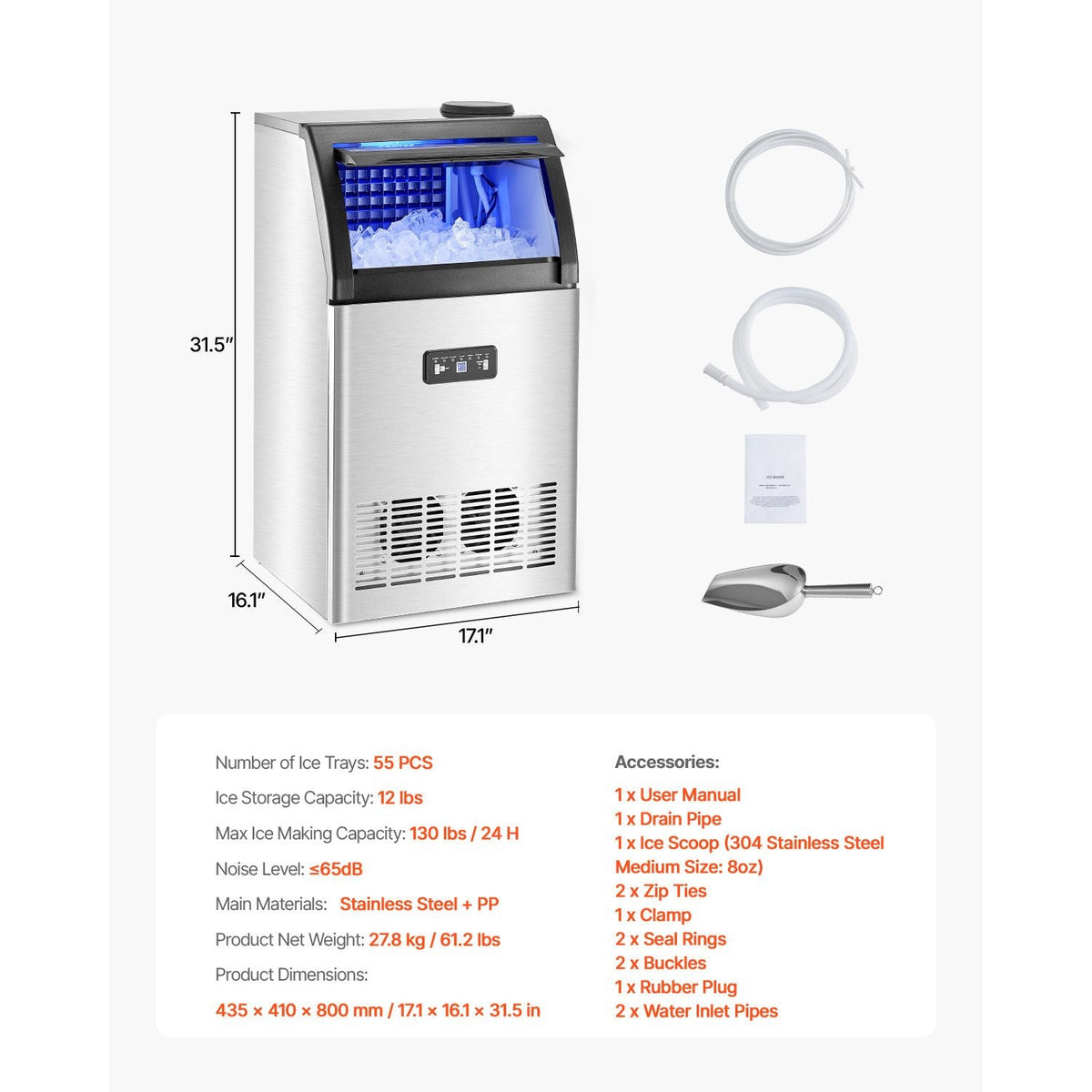 Commercial Ice Maker Machine, 130lbs/24H Ice Maker Machine with 33lbs Storage Capacity, 55 Ice Cubes in 15 Minutes, LED Digital Display Freestanding Self-Cleaning for Bar Office Restaurant
