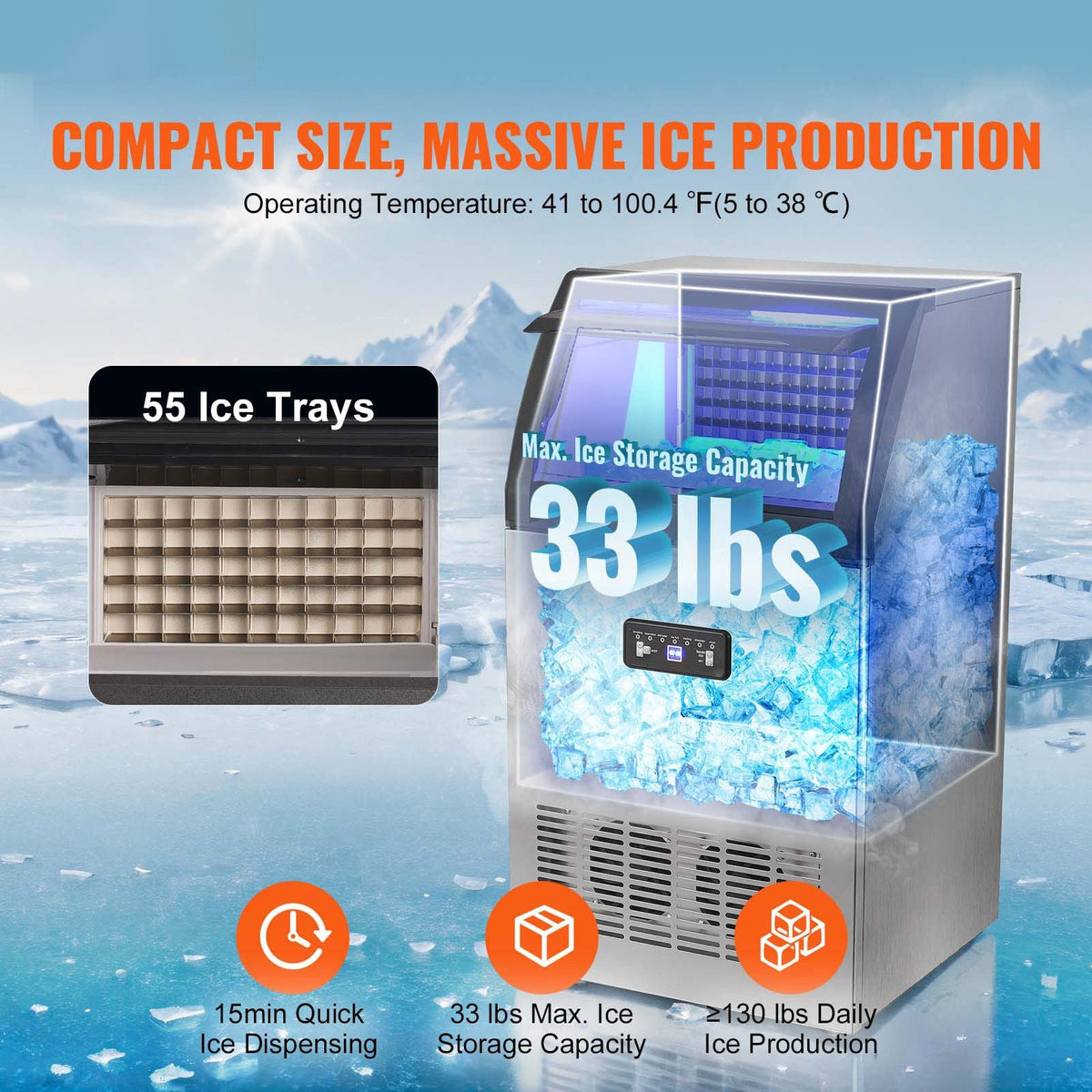 Commercial Ice Maker Machine, 130lbs/24H Ice Maker Machine with 33lbs Storage Capacity, 55 Ice Cubes in 15 Minutes, LED Digital Display Freestanding Self-Cleaning for Bar Office Restaurant